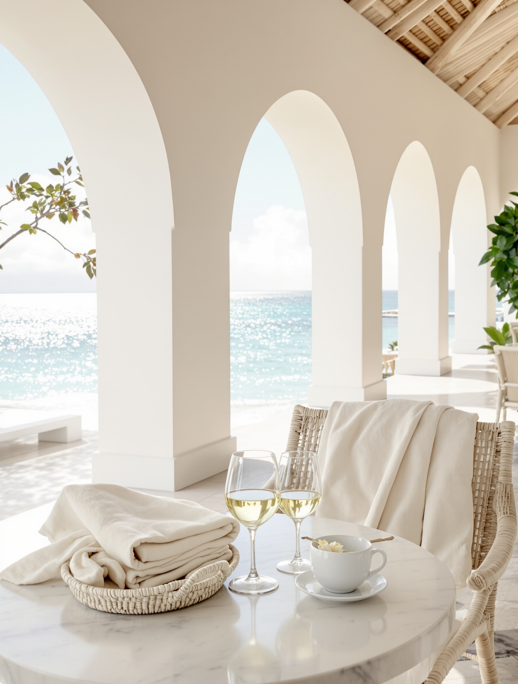 An empty sun-drenched beach club interior with traces of occupation, capturing the hedonistic leisure at the core of Sunkissed Goddess.