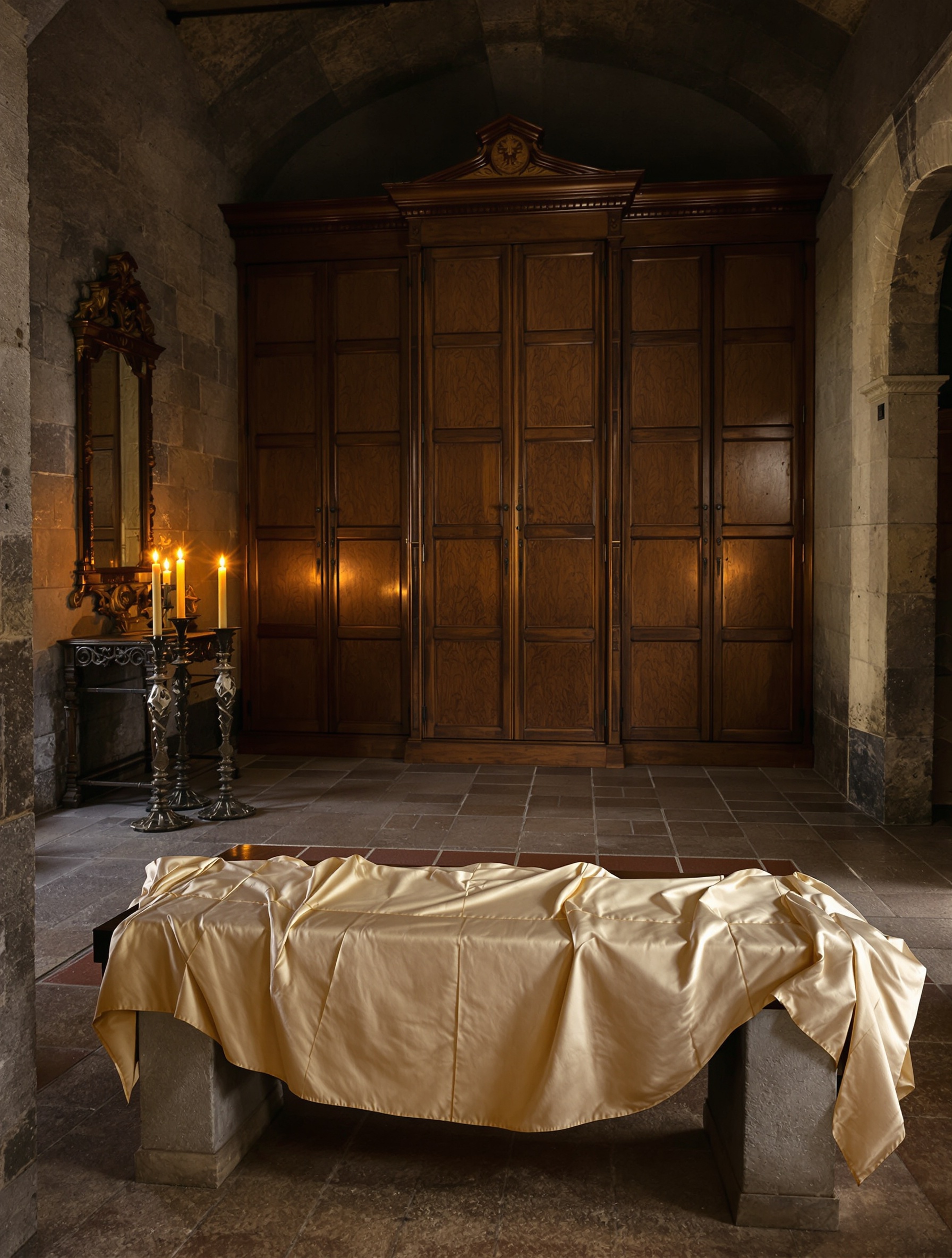 A dawn-quiet Roman sacristy with a folded ivory brocade cope draped over a stone bench, flanked by an oil lamp and unlit candles against dark oak vestment presses.