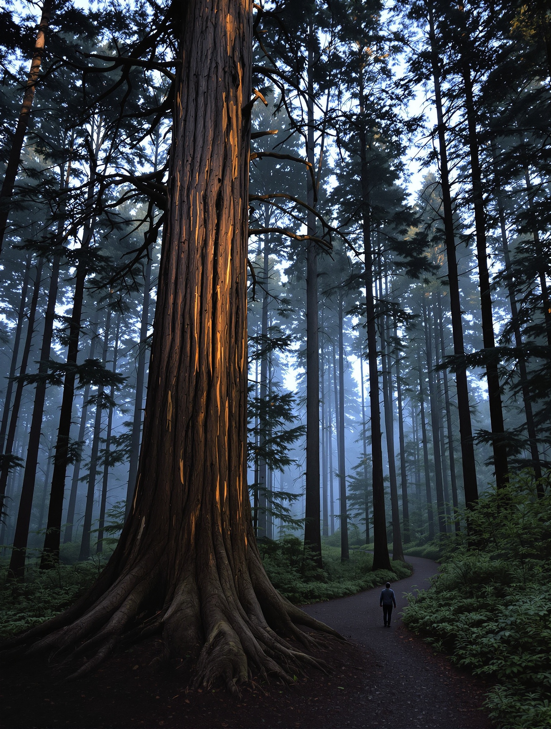 A misty old-growth forest at dusk with a lone distant figure dwarfed by towering resin-stained trees and amber horizontal light filtering through the trunks.