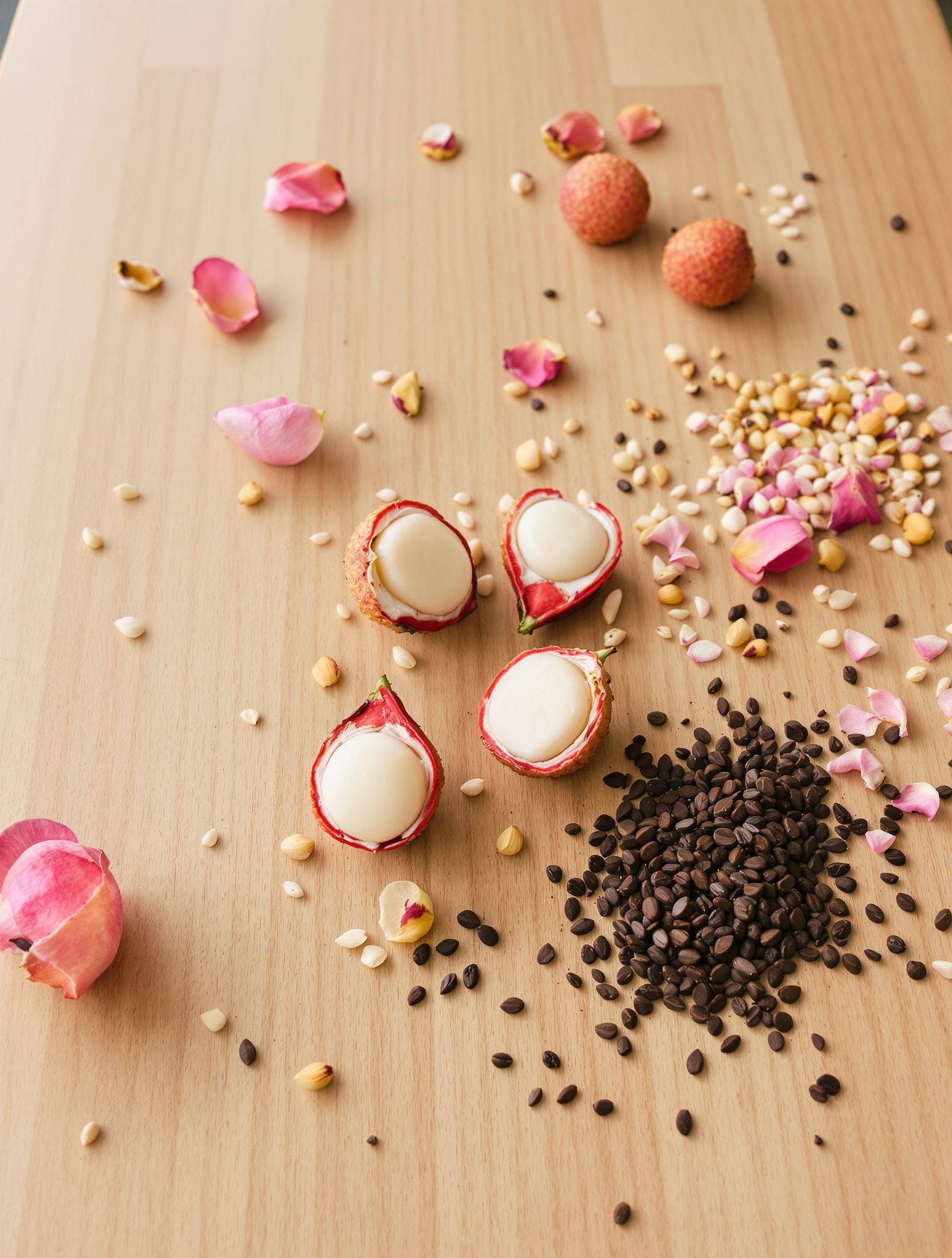A wide airy overhead shot of a wooden table scattered with split lychees, open cacao pods, rose petals and cacao nibs in soft overcast light.
