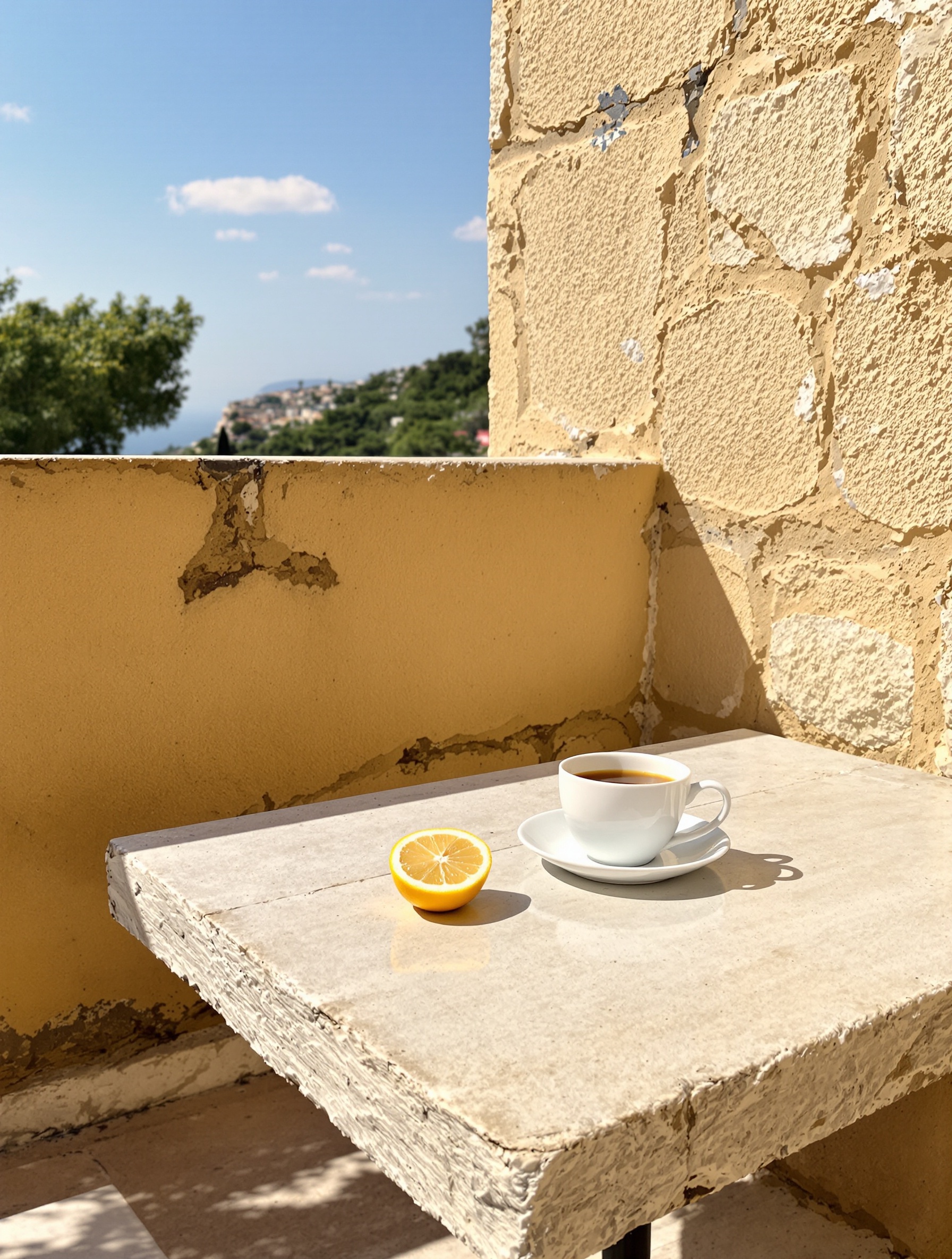 Sunlit limestone terrace table with a halved citron and cup of black tea evoking Louis Vuitton Imagination.
