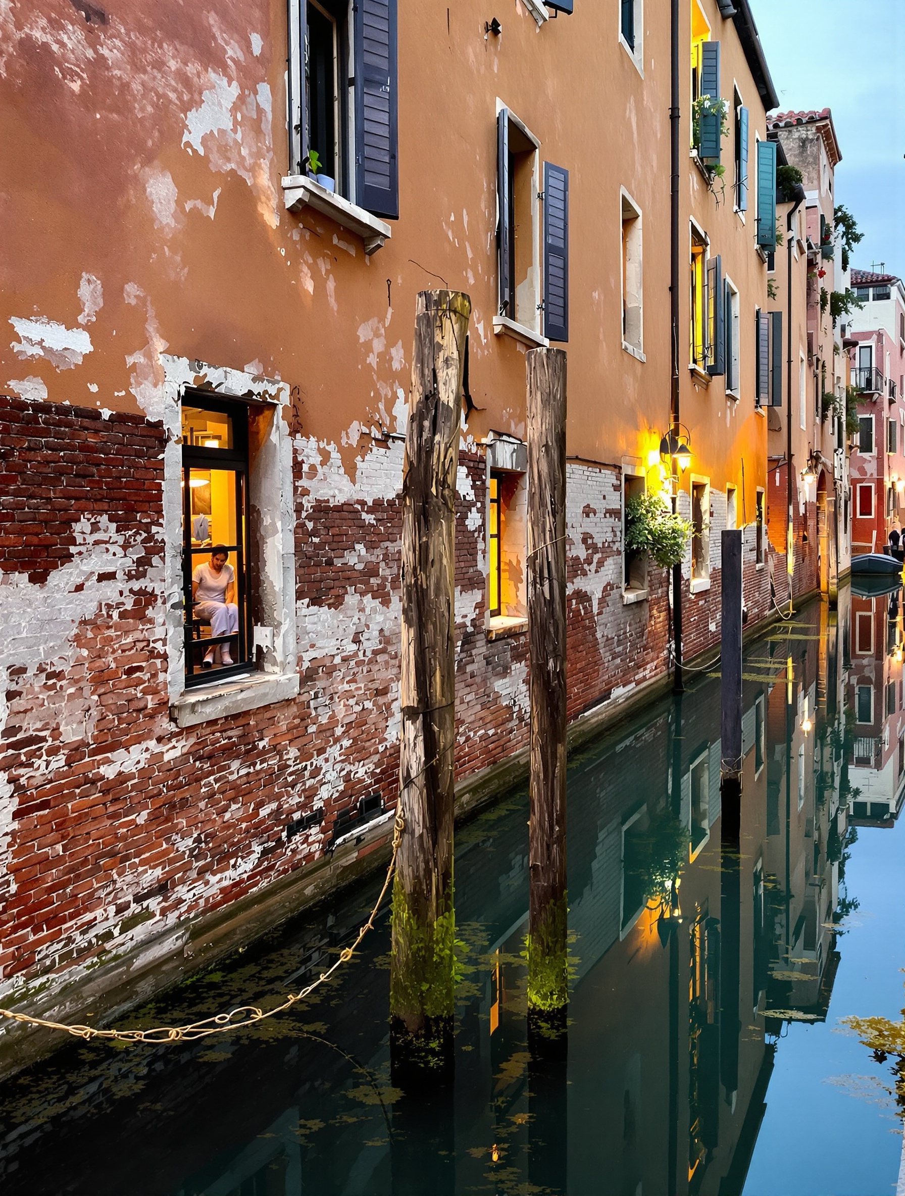 A still Venetian back-canal at dusk, the melancholy city of Diaghilev's death, evoking Roja Diaghilev.