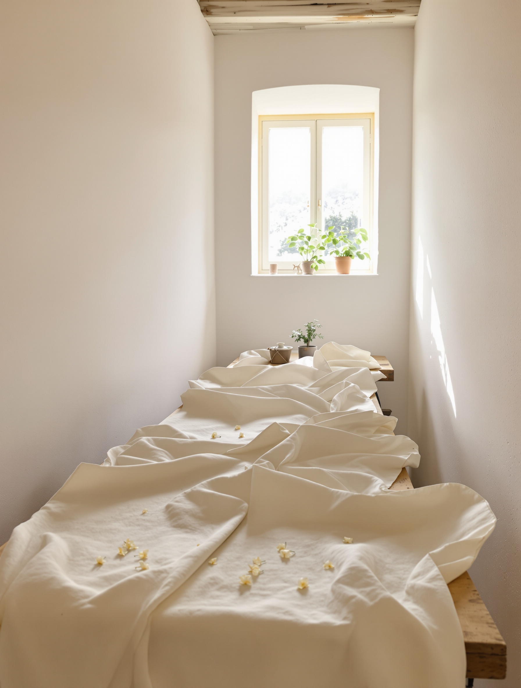 Unbleached linen bolt with ivory neroli blossoms in a sunlit workshop evoking Louis Vuitton Imagination.