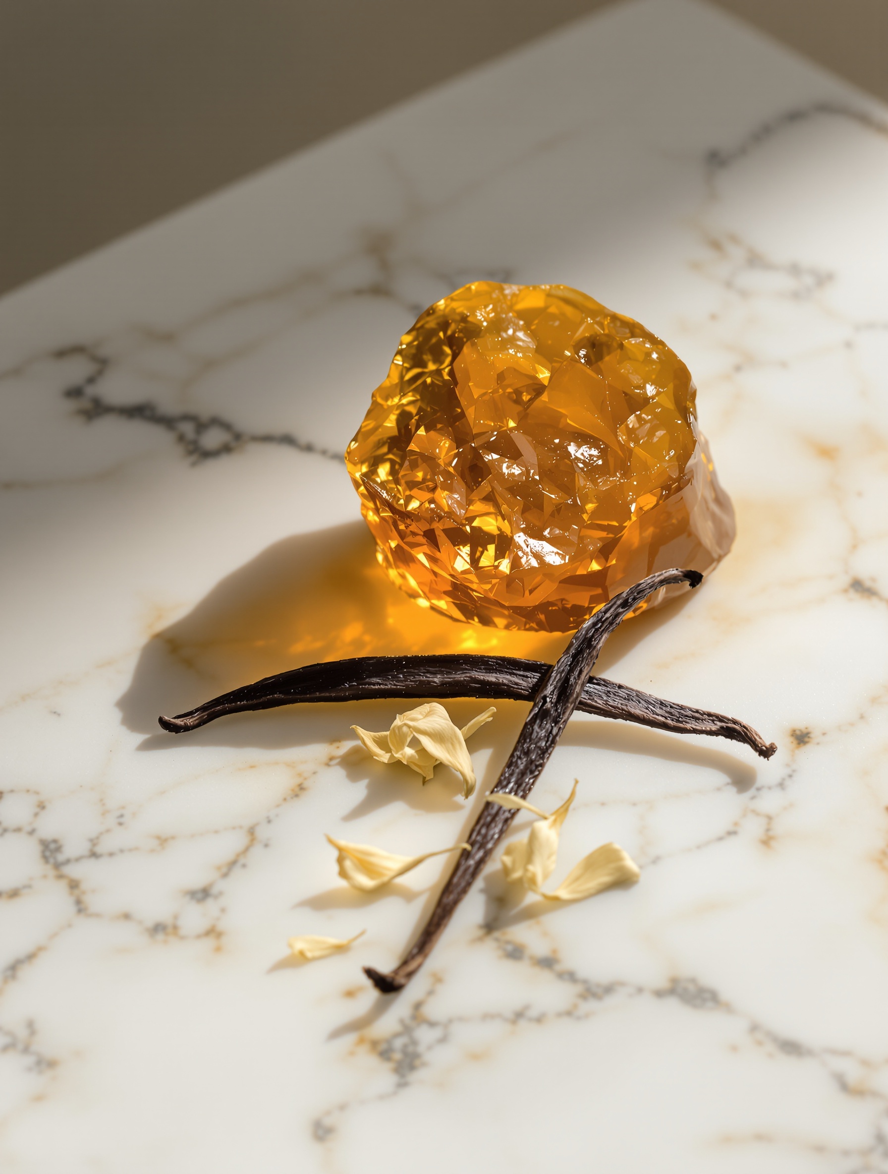 Raw labdanum resin, a split vanilla pod, and dried tiare petals on white marble, revealing the warm animalic foundation of Sunkissed Goddess.