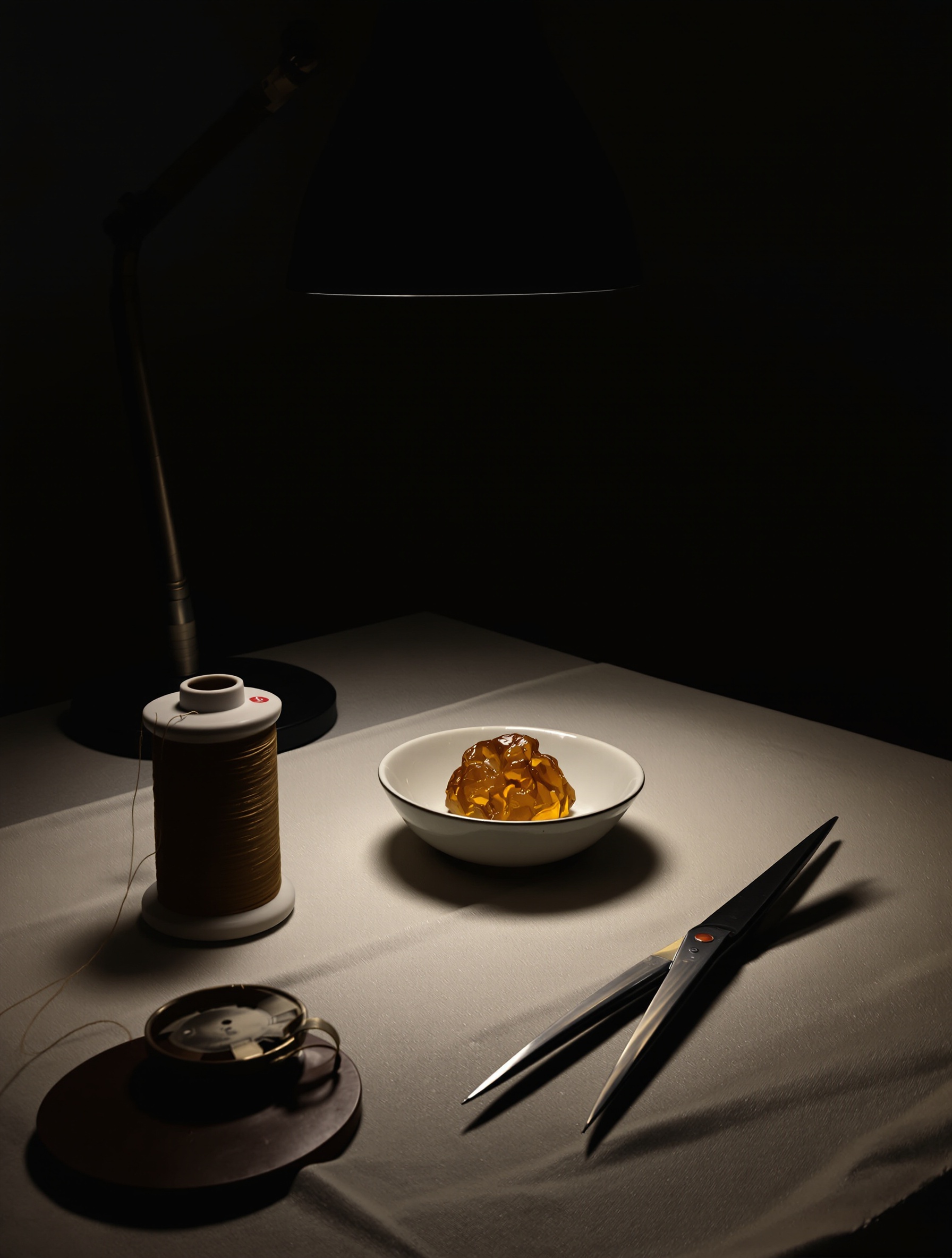 Raw labdanum resin in a ceramic dish beside gold thread and shears on a candlelit atelier cutting table, evoking the workspace behind LAVS.