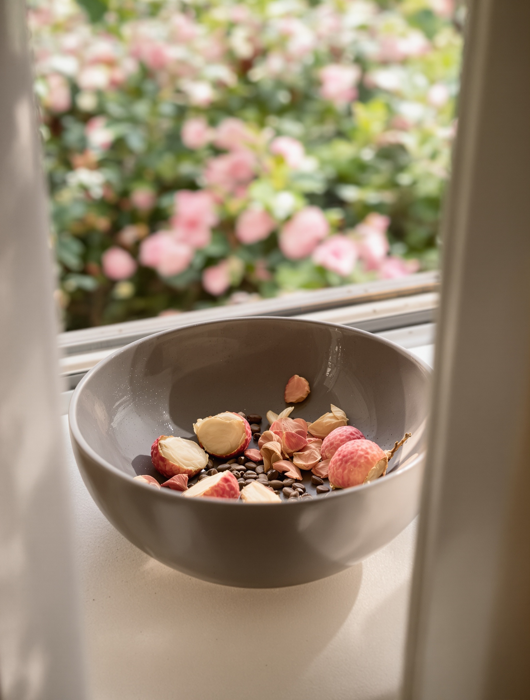 A ceramic bowl of fresh lychees, split cacao pods, and dried rose petals on a sunlit windowsill with a blooming garden beyond.