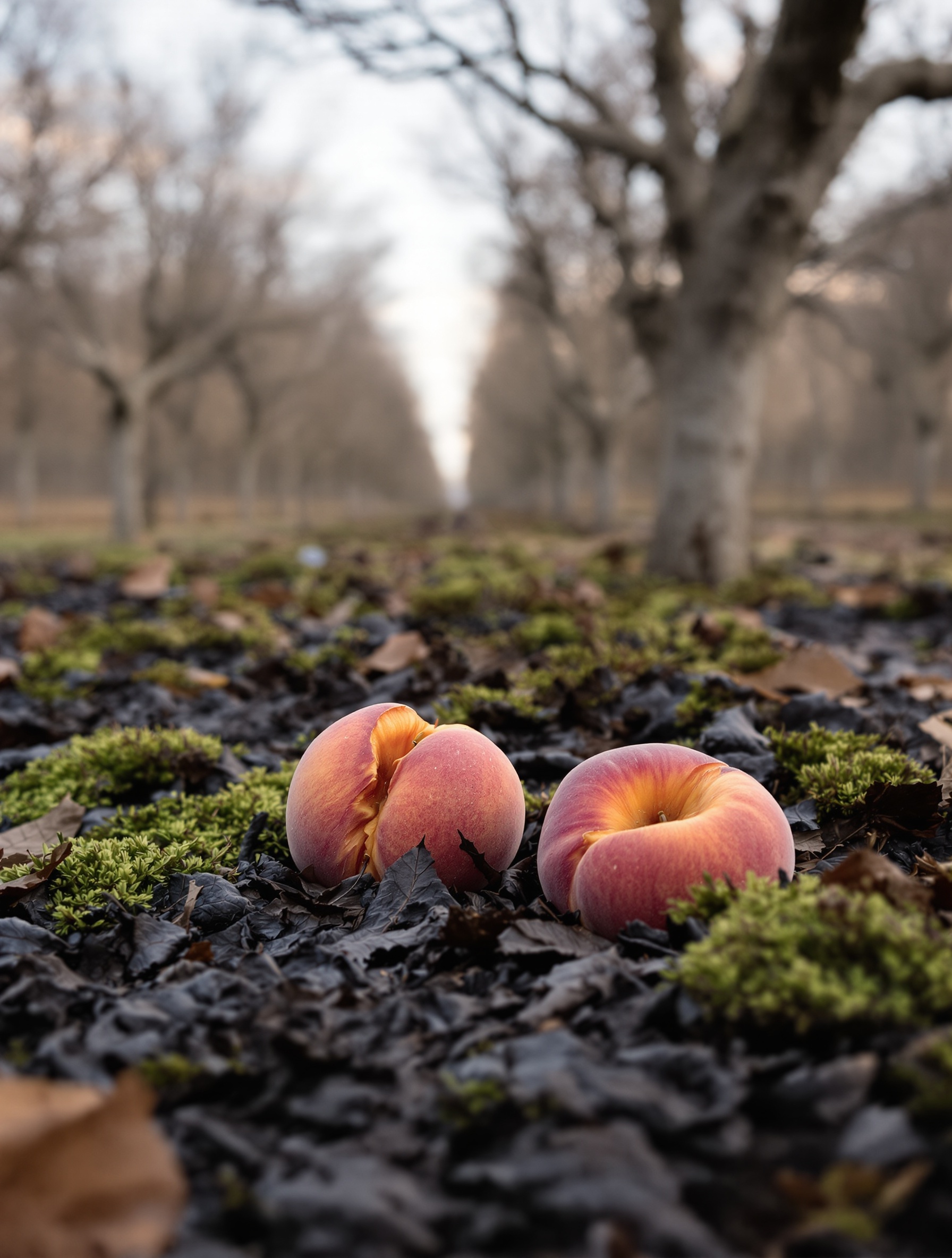 A dusk orchard scene evoking the peach-and-oakmoss soul of Enlèvement au Sérail.