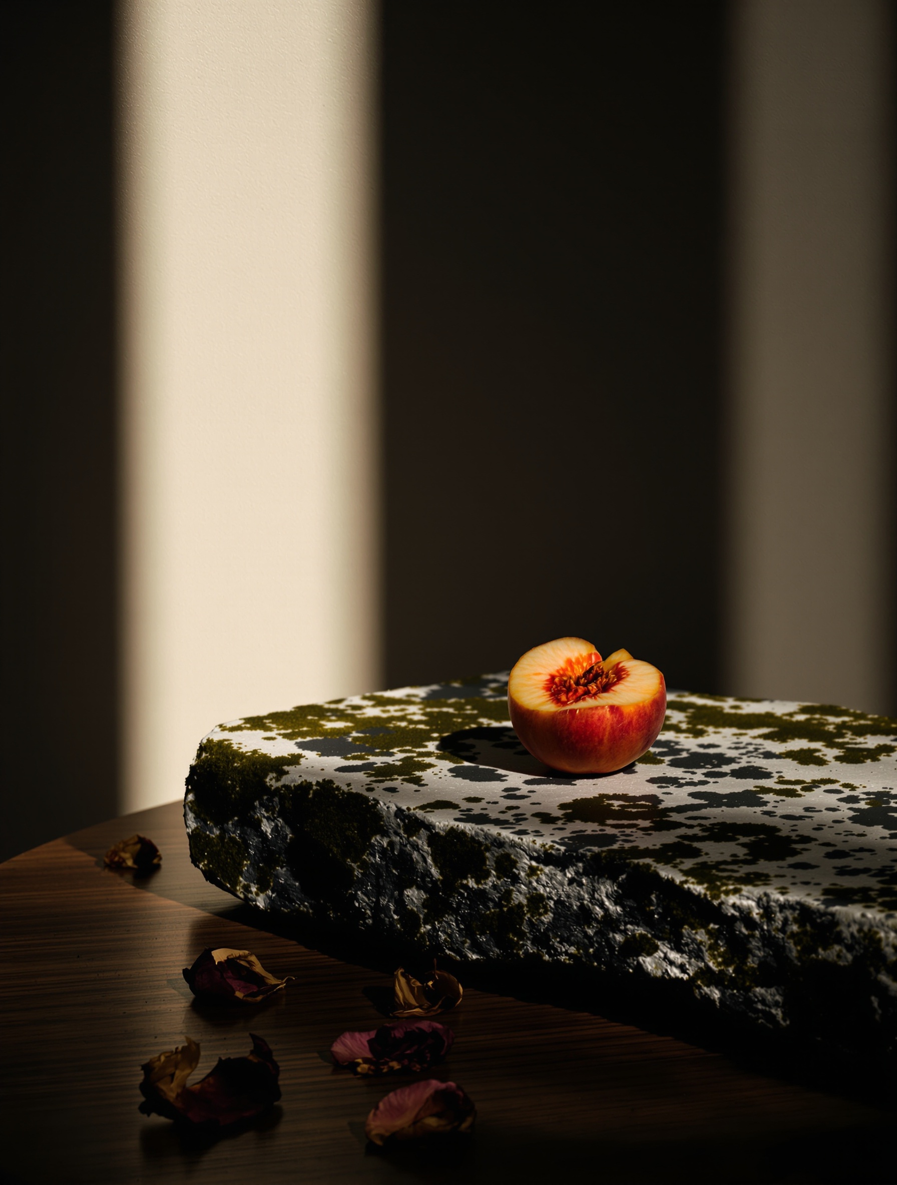A limestone slab colonised by dark oakmoss sits in near-shadow on a walnut surface, a split overripe peach and darkened rose petals caught in a single shaft of raking amber light.