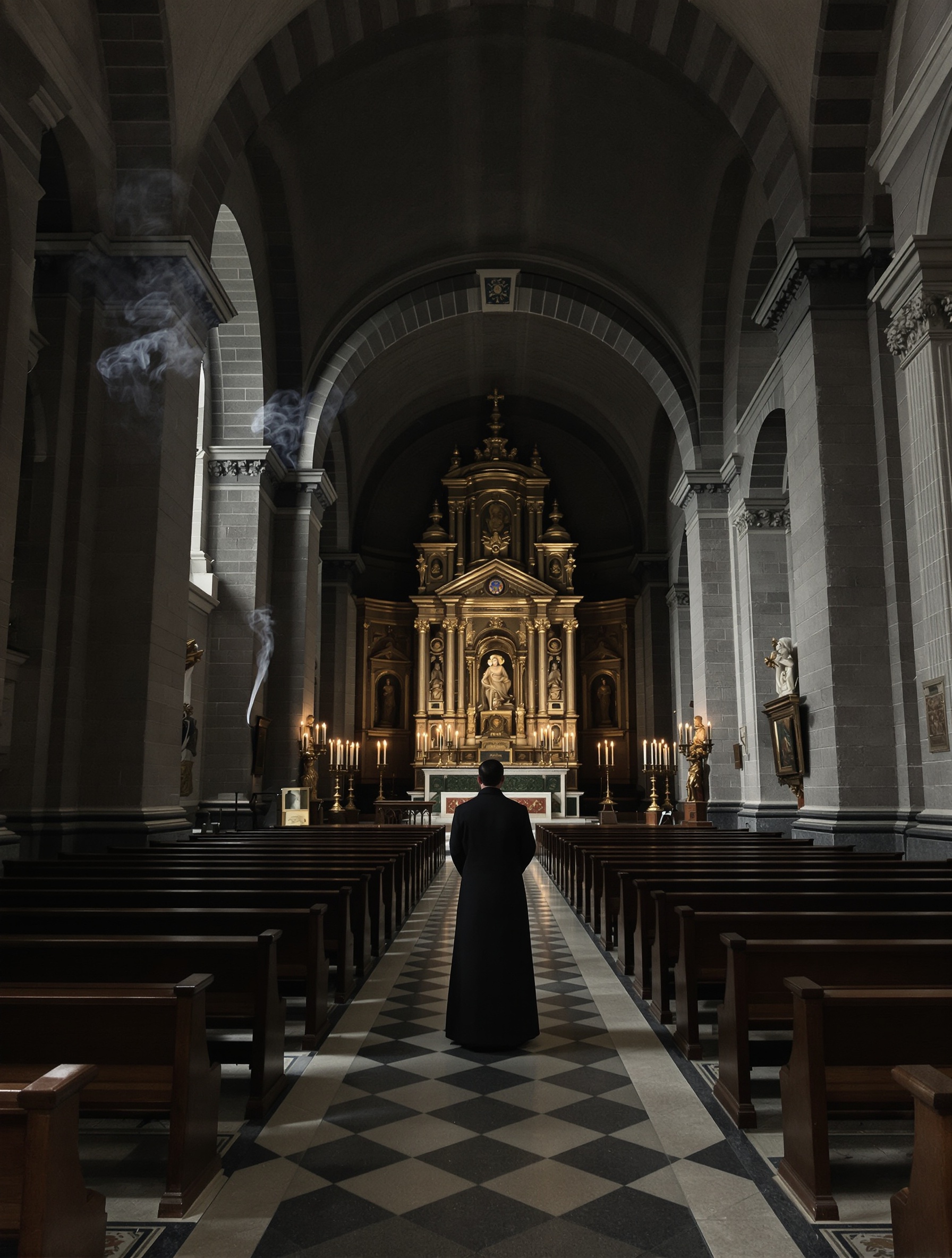 A solitary black-robed figure stands at the far end of a dim Roman church nave as a thread of smoke from a snuffed candle rises into the cold vaulted shadow.