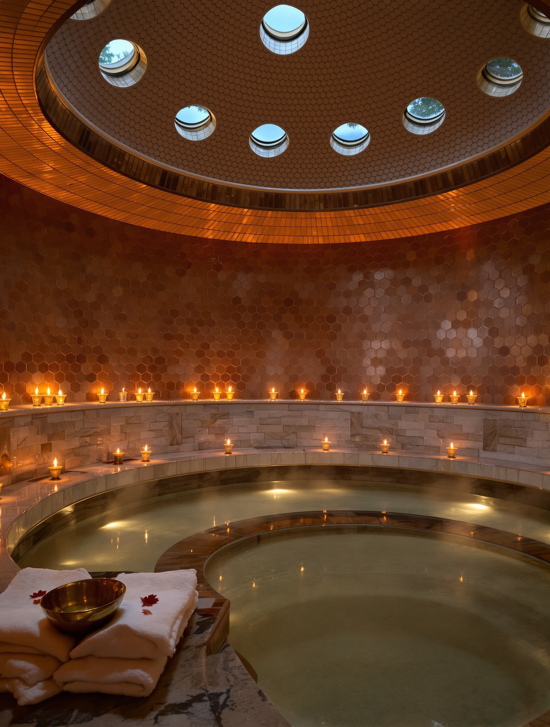 A candlelit hammam interior conjuring the warm, lamplit threshold world of Enlèvement au Sérail.