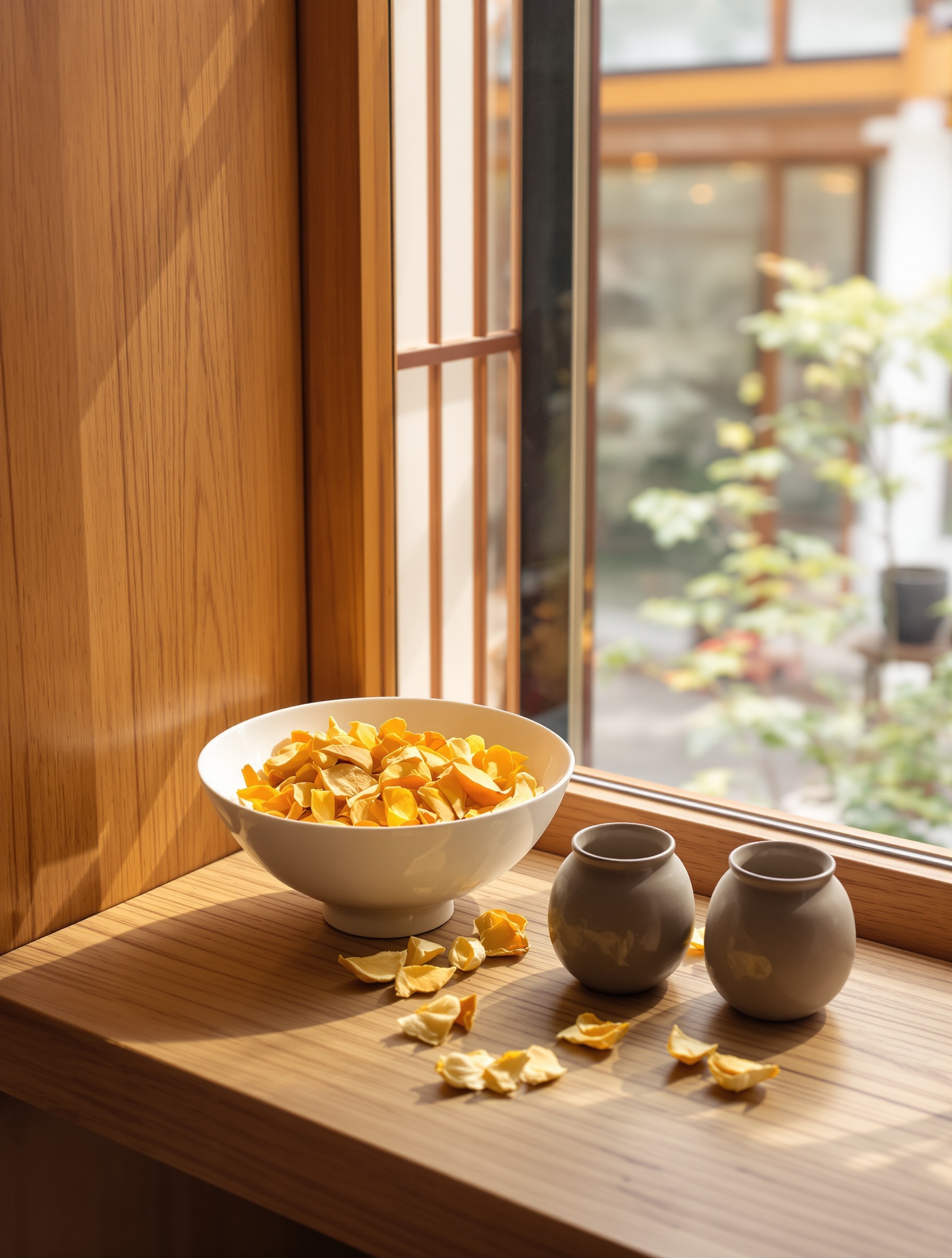 A sunlit teahouse wooden shelf holds a white ceramic bowl of dried orange peel alongside plain dark clay teaware, warm afternoon light glowing through a courtyard window.