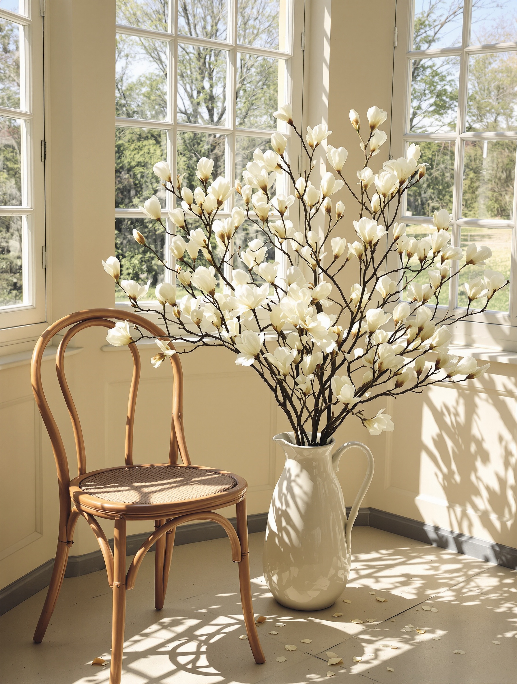 A sunlit French conservatory corner with an imperfect magnolia branch arrangement in a ceramic pitcher beside a bentwood chair, petals dropped on worn stone below.