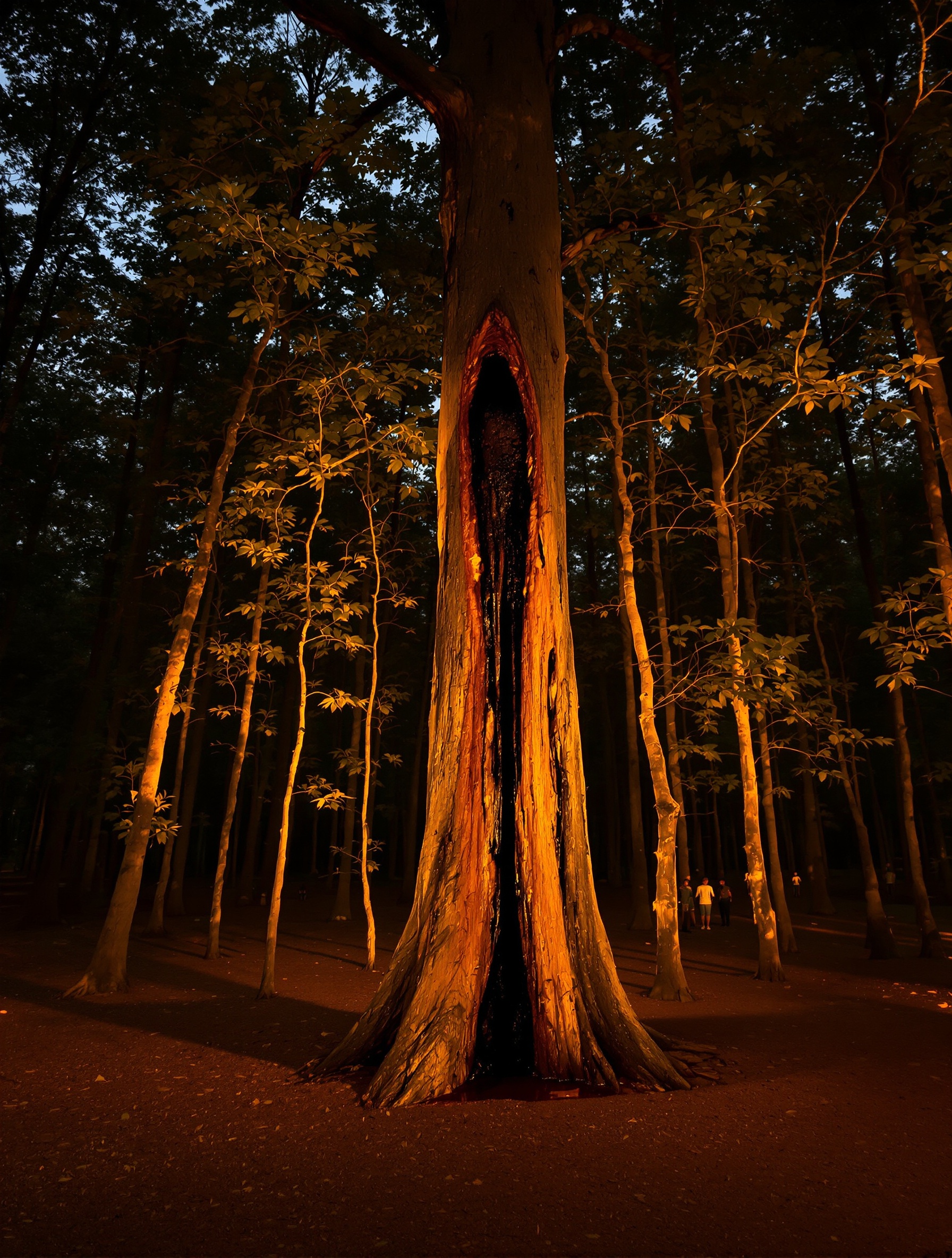 A wounded agarwood tree weeping dark resin into Cambodian forest soil at dusk, evoking the raw sacred material at the heart of Musk Yusuf.