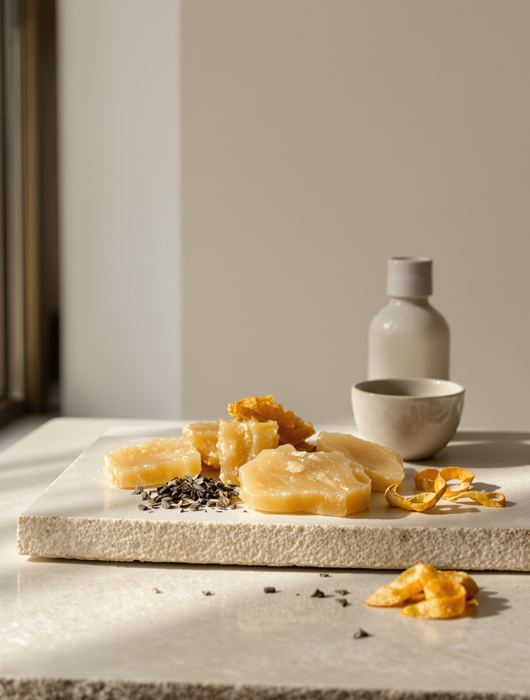 Raw amber resin, agarwood, and dried citrus peel in warm window light evoke the natural musk materials at the heart of Bortnikoff Musk Cologne.