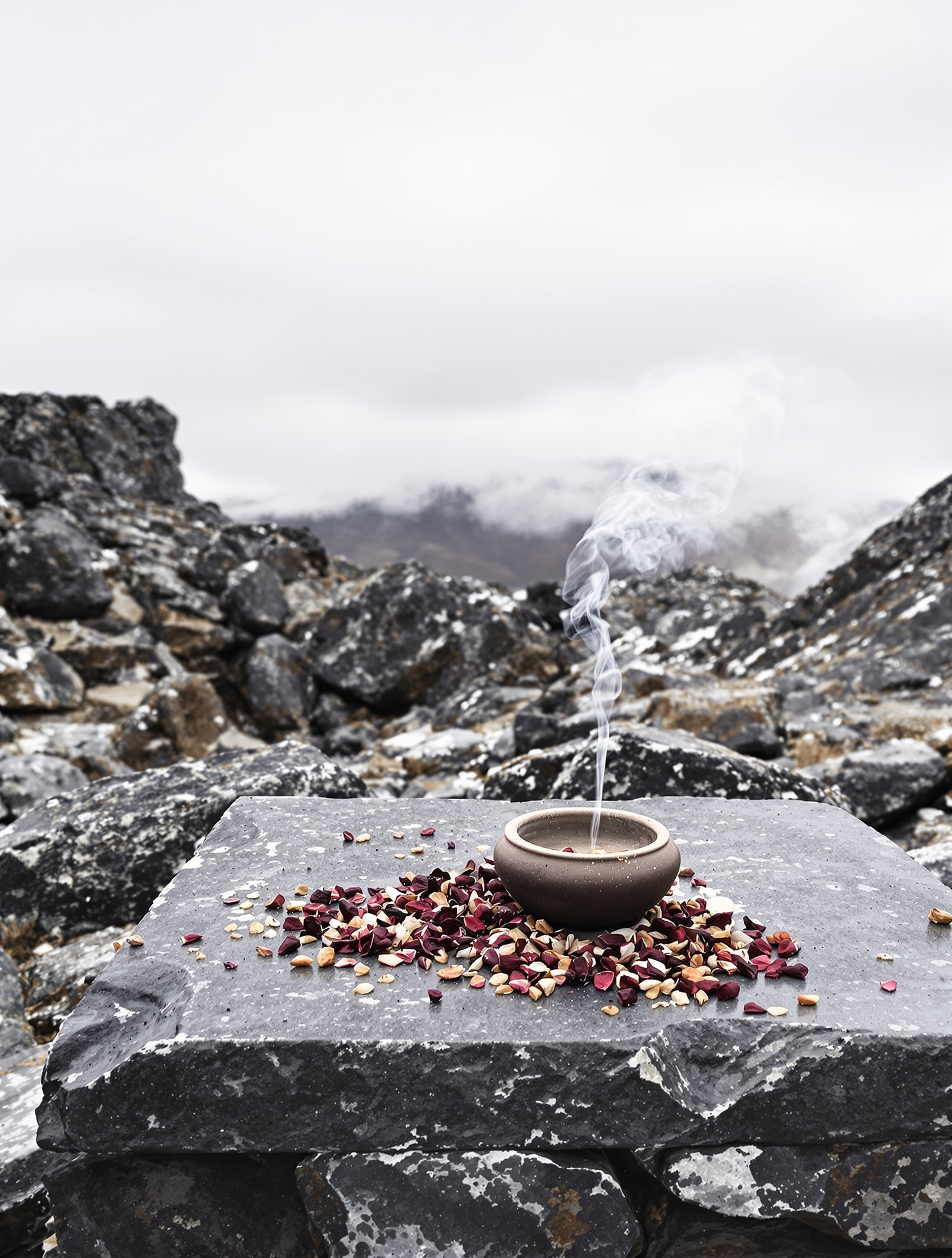A weathered Tibetan stone shrine at altitude with dried rose offerings and rising incense smoke, reflecting the devotional solitude of Musk Yusuf.