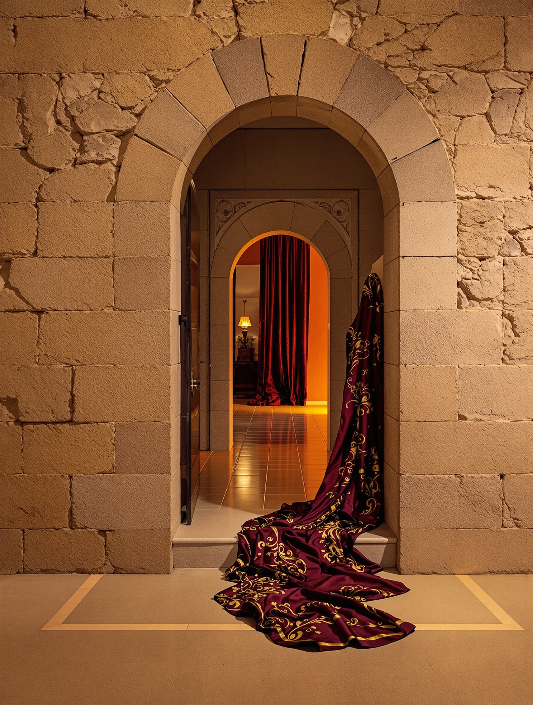 A lamplit arched threshold with pooled silk, imaging the willing surrender at the heart of Enlèvement au Sérail.