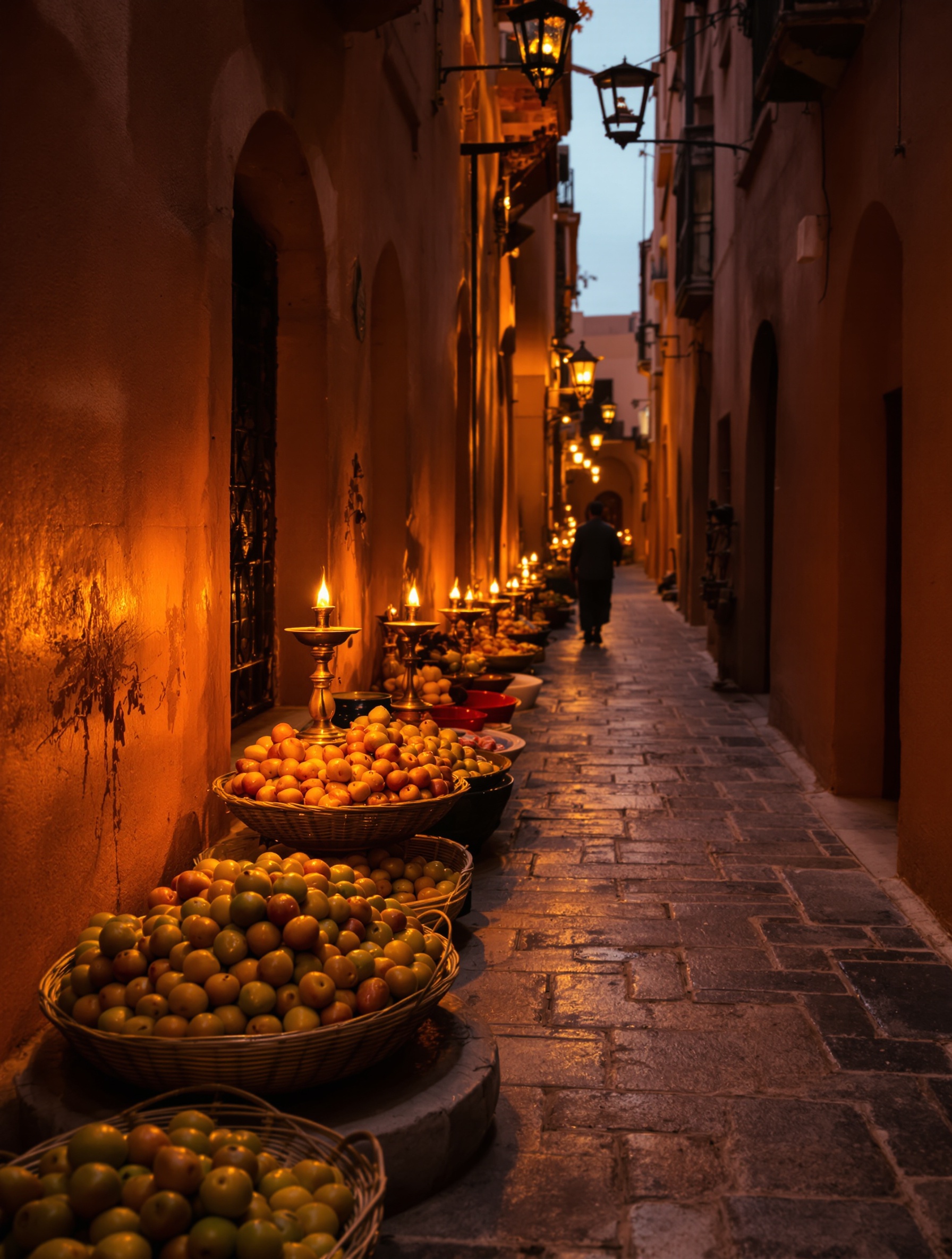 A lamp-lit Marrakech alley at dusk with woven baskets of overripe passion fruit and raw resin beside ancient plaster walls, a lone silhouetted figure dissolving into the amber darkness beyond.