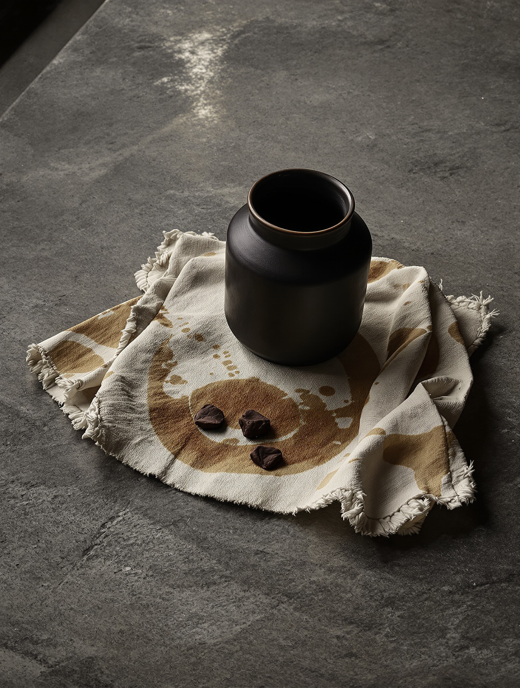 An oil-stained cloth and raw agarwood chips on cold stone beside a lamp, embodying the years-long maceration at the core of Musk Yusuf.