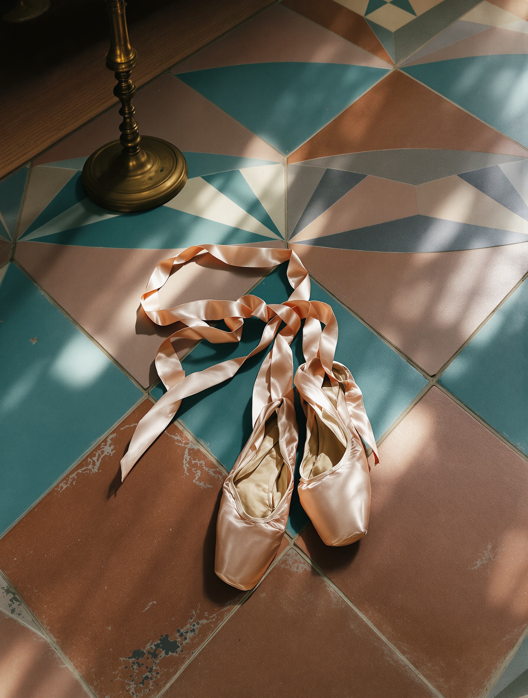 Worn blush pointe shoes with trailing ribbons rest on antique teal encaustic tiles beside an unlit brass candlestick in dim late-afternoon window light.