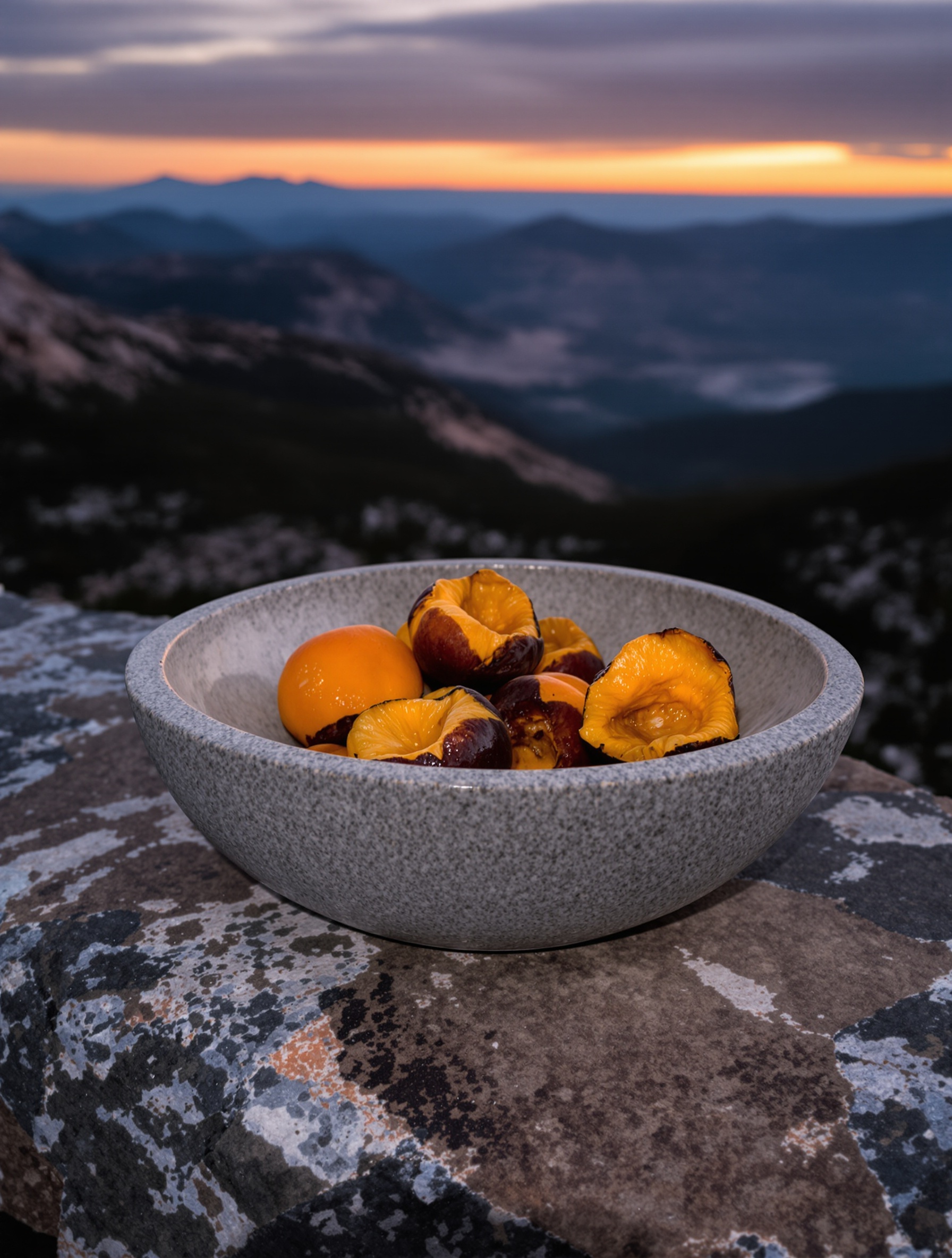 Fermented, blackened apricots in a stone bowl on a mountain ledge at twilight, echoing the bruised sweetness and sacred patience of Musk Yusuf.
