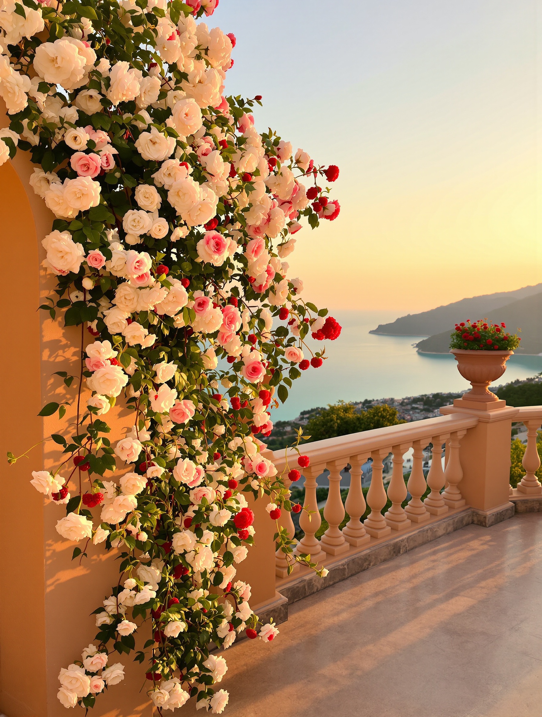 A sunlit Mediterranean garden terrace with white-to-crimson roses and raspberry vines overlooking a glowing dawn bay, evoking Adonis Awakens by Argos.