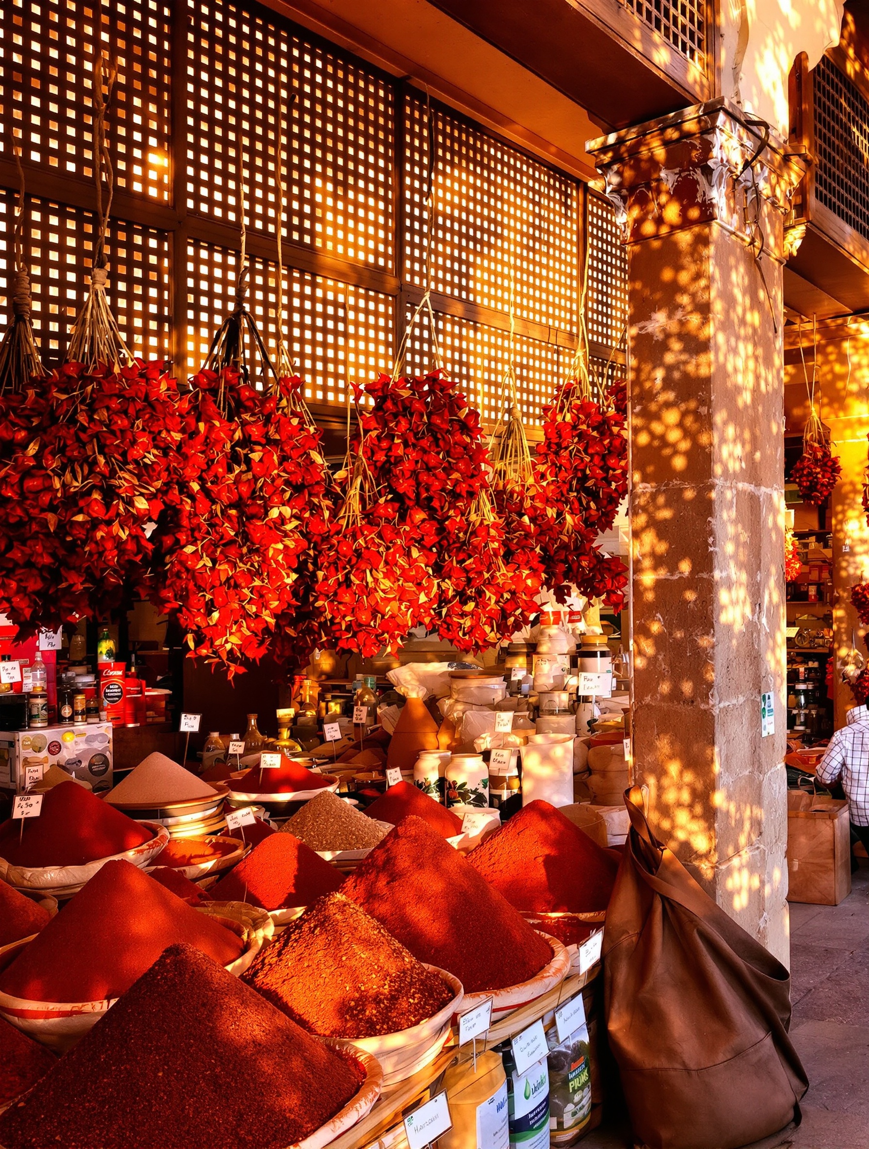 A glowing souk interior bathed in golden latticed light, mounded red spices and hanging dried hibiscus radiating heat and sensory intensity.