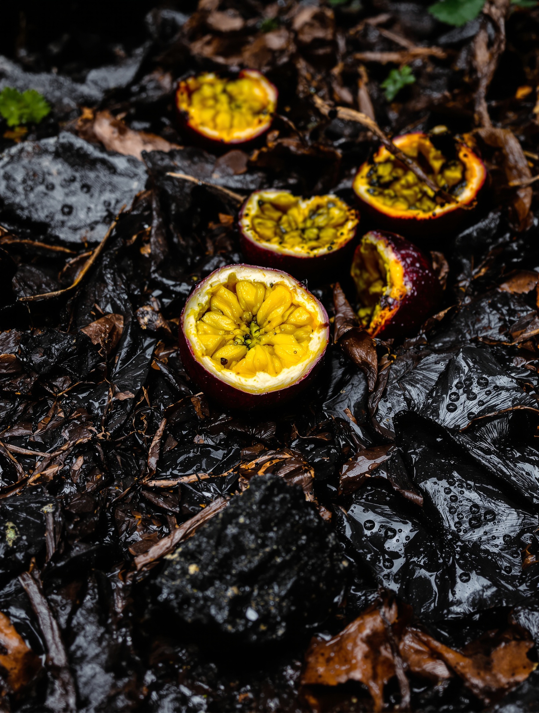 Rain-soaked jungle floor with fallen passion fruits and raw agarwood, the volatile natural world of Oud Maracuja.
