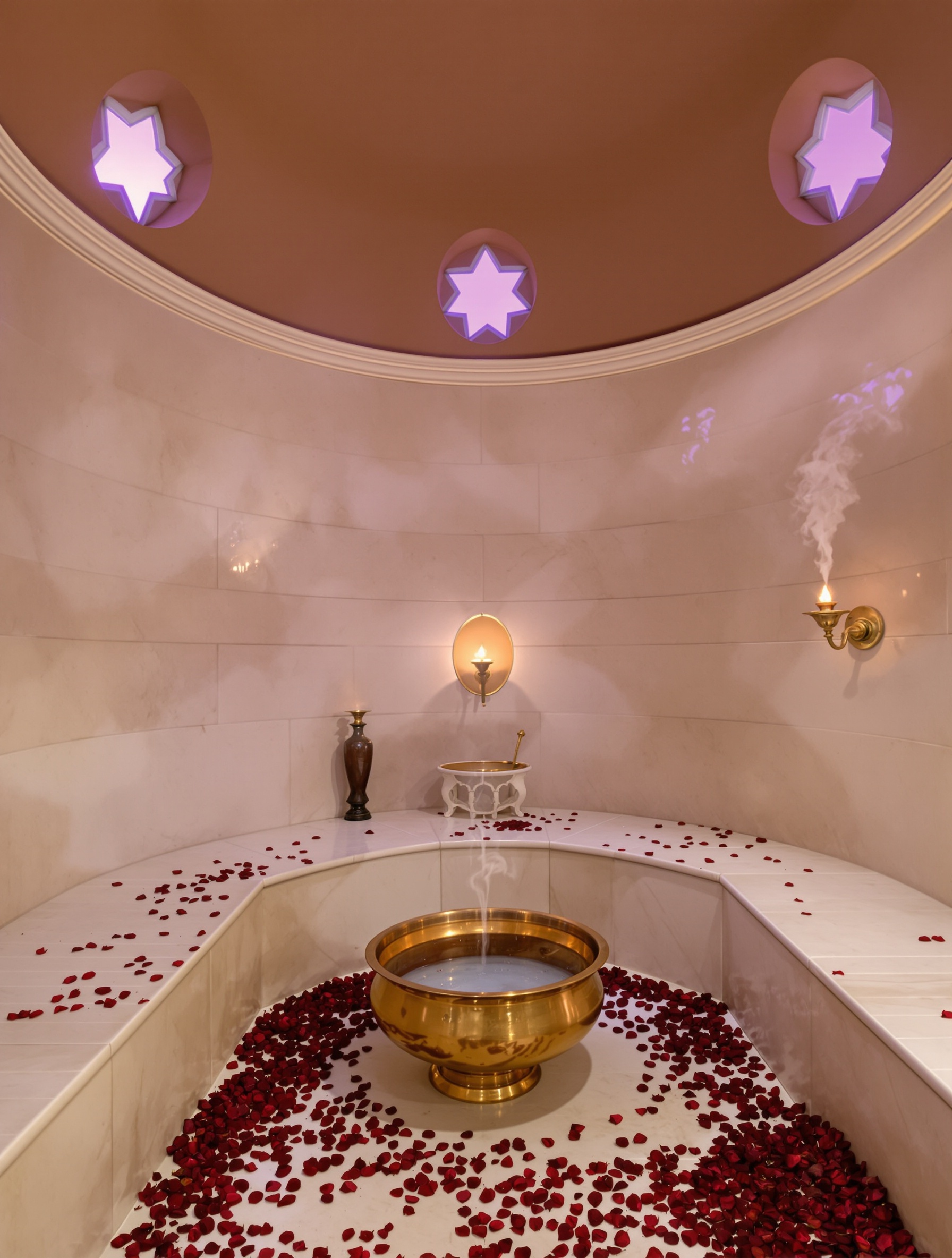 Deserted hammam interior in warm amber and violet dusk light, rose petals and incense smoke evoking Delina Exclusif.