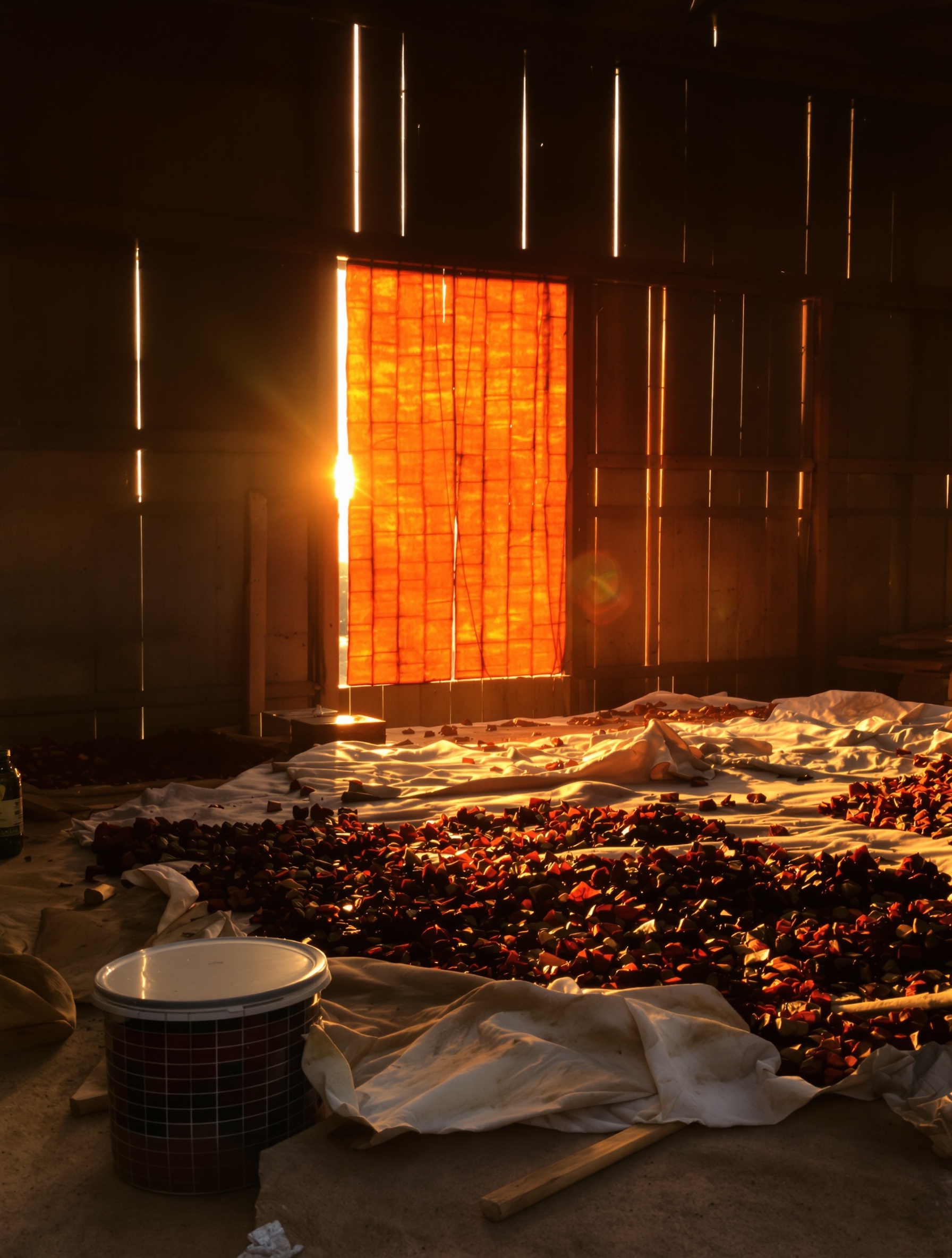 Oud chips drying on hide in an open workshop bathed in sunset light, the material world of Oud Maracuja.