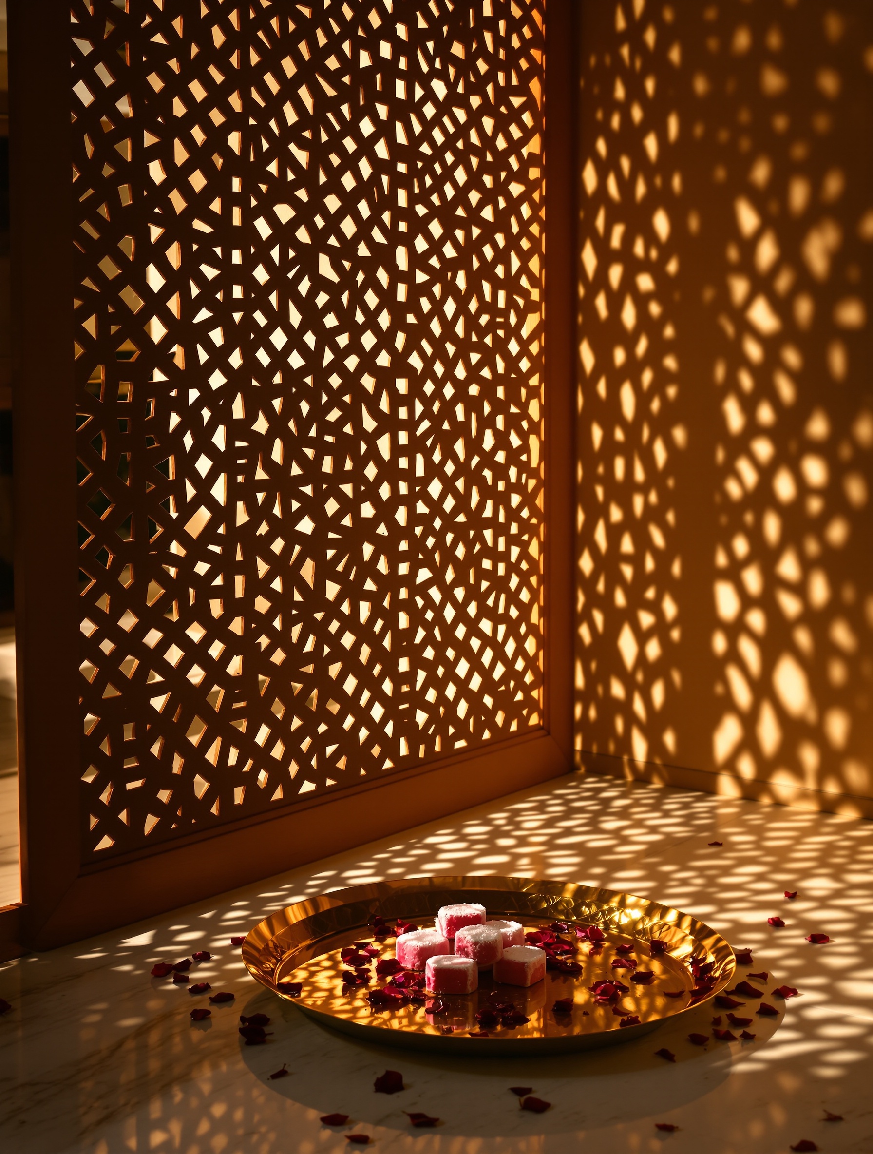 Brass tray of rose loukoum beneath carved mashrabiya shadow-lattice, shot as editorial still-life for Delina Exclusif.