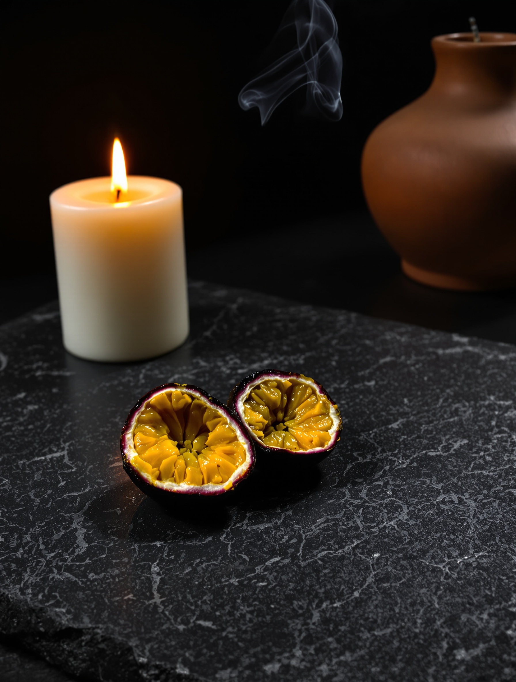 Raw agarwood and split passion fruit on black stone by candlelight, a still-life for Oud Maracuja by Maison Crivelli.