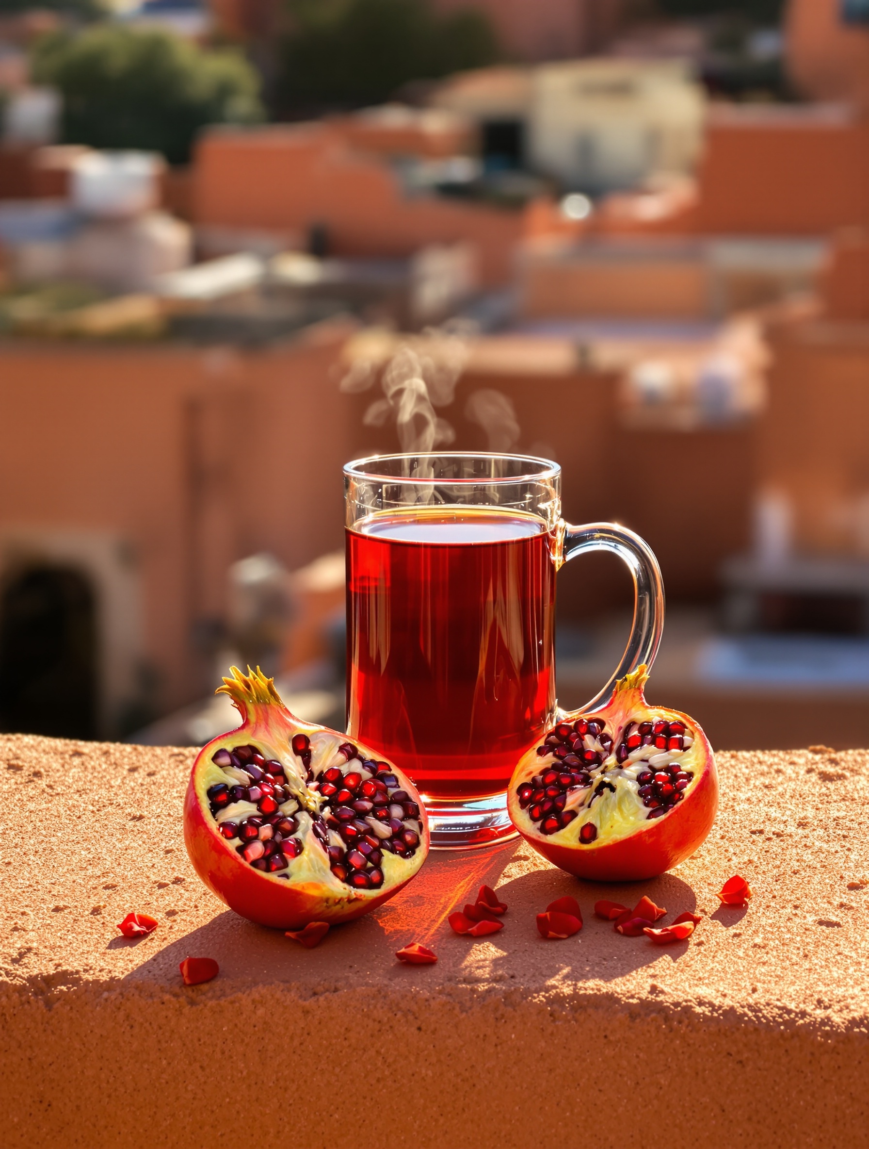A steaming glass mug of dark ruby hibiscus tea, a halved pomegranate, and scattered dried petals share a sunlit terracotta rooftop ledge in unified warm afternoon light.