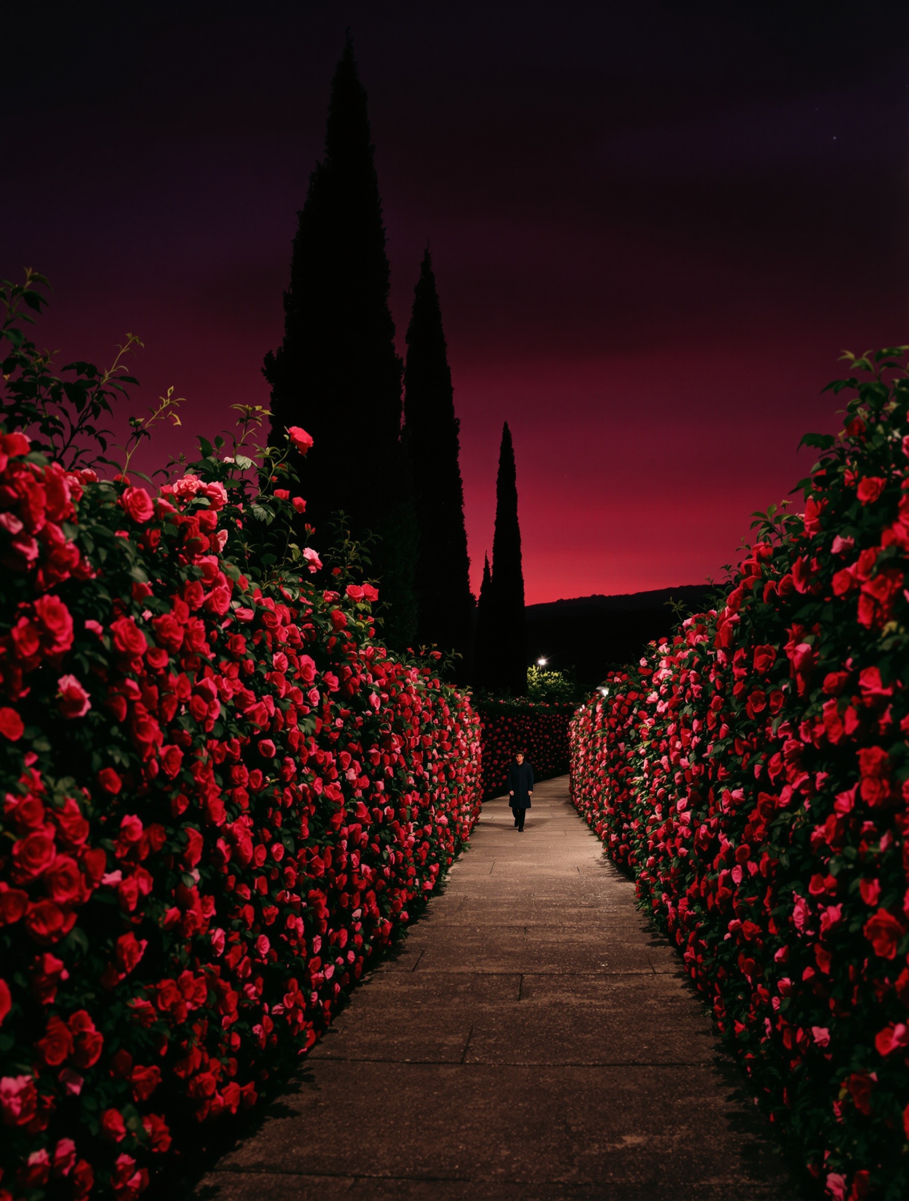 A lone distant figure stands on a limestone garden path between heavy carmine rose hedges and cypress silhouettes at deep dusk.