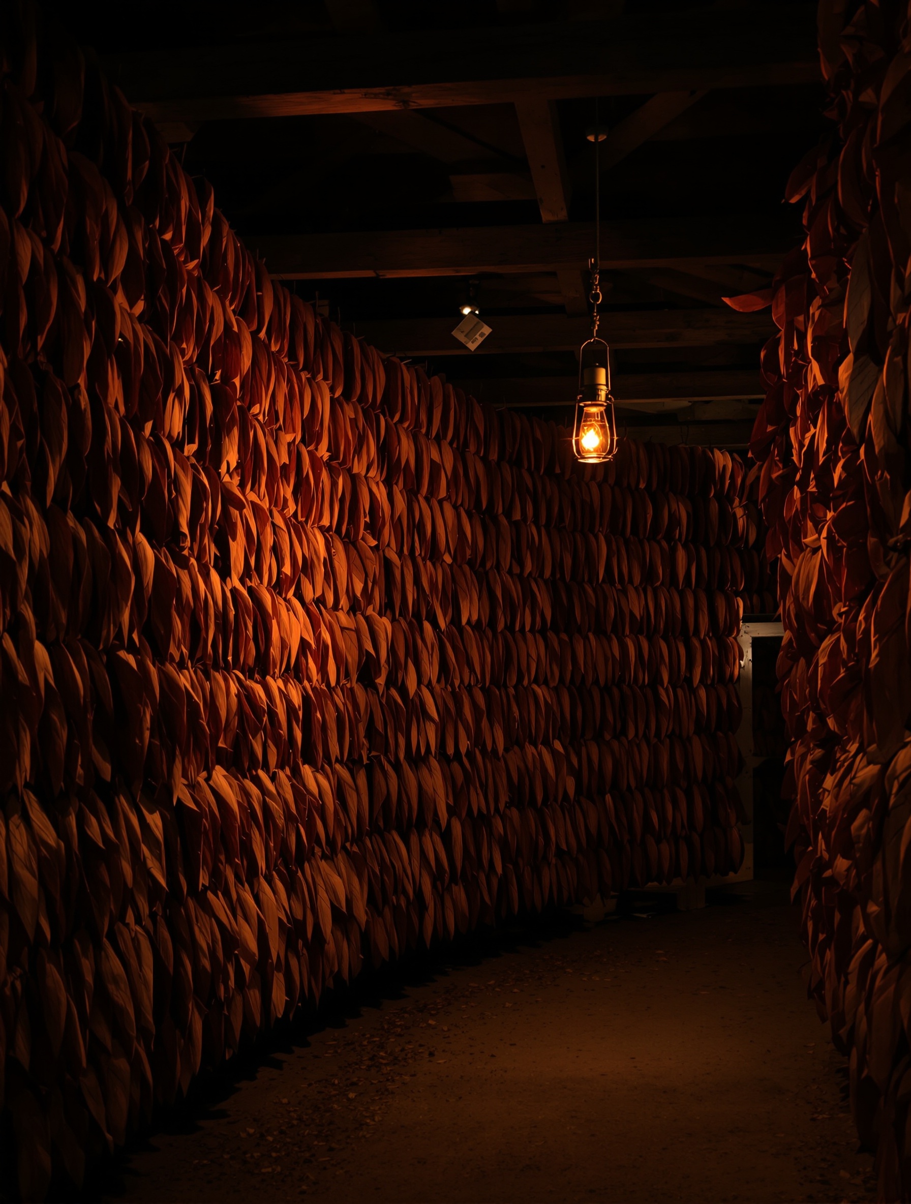 The curing-shed heart of Crimson and Clover by Folkwinds, tobacco leaves hung in amber lantern light.