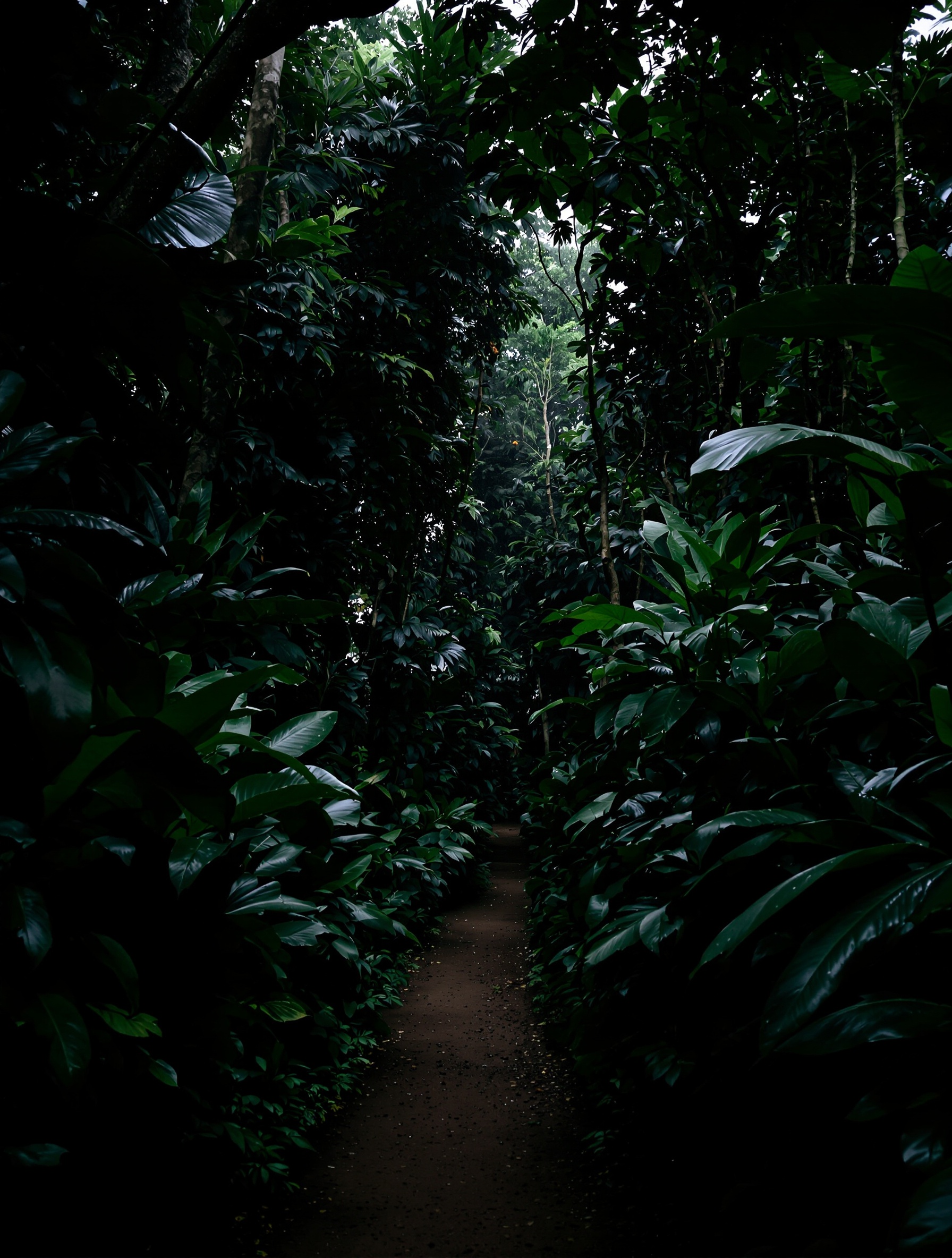 A rain-soaked pre-dawn Amazonian jungle interior shot wide, evoking Risvelium's ceremonial rupture and hallucinatory green middle passage.