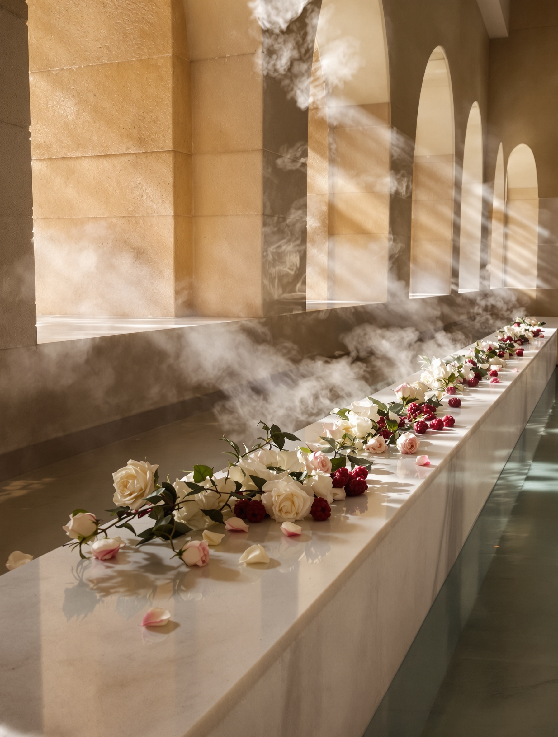 A garland of blush-crimson roses and raspberries resting on a sunlit marble ledge inside an ancient bathhouse, evoking Adonis Awakens by Argos.