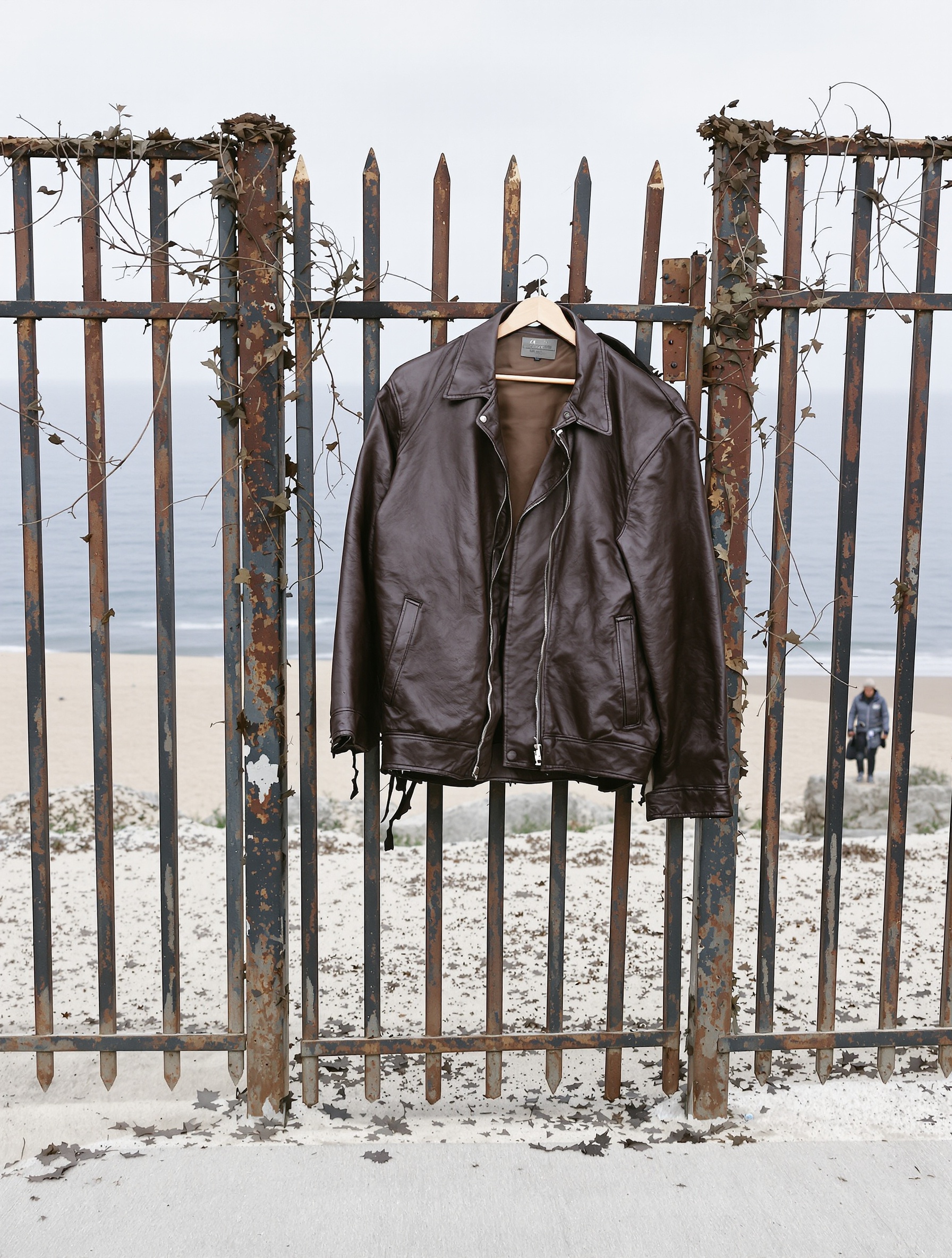 A leather jacket draped on a rusted ivy-covered iron fence at a closed dark beach, evoking Risvelium's threshold motif.