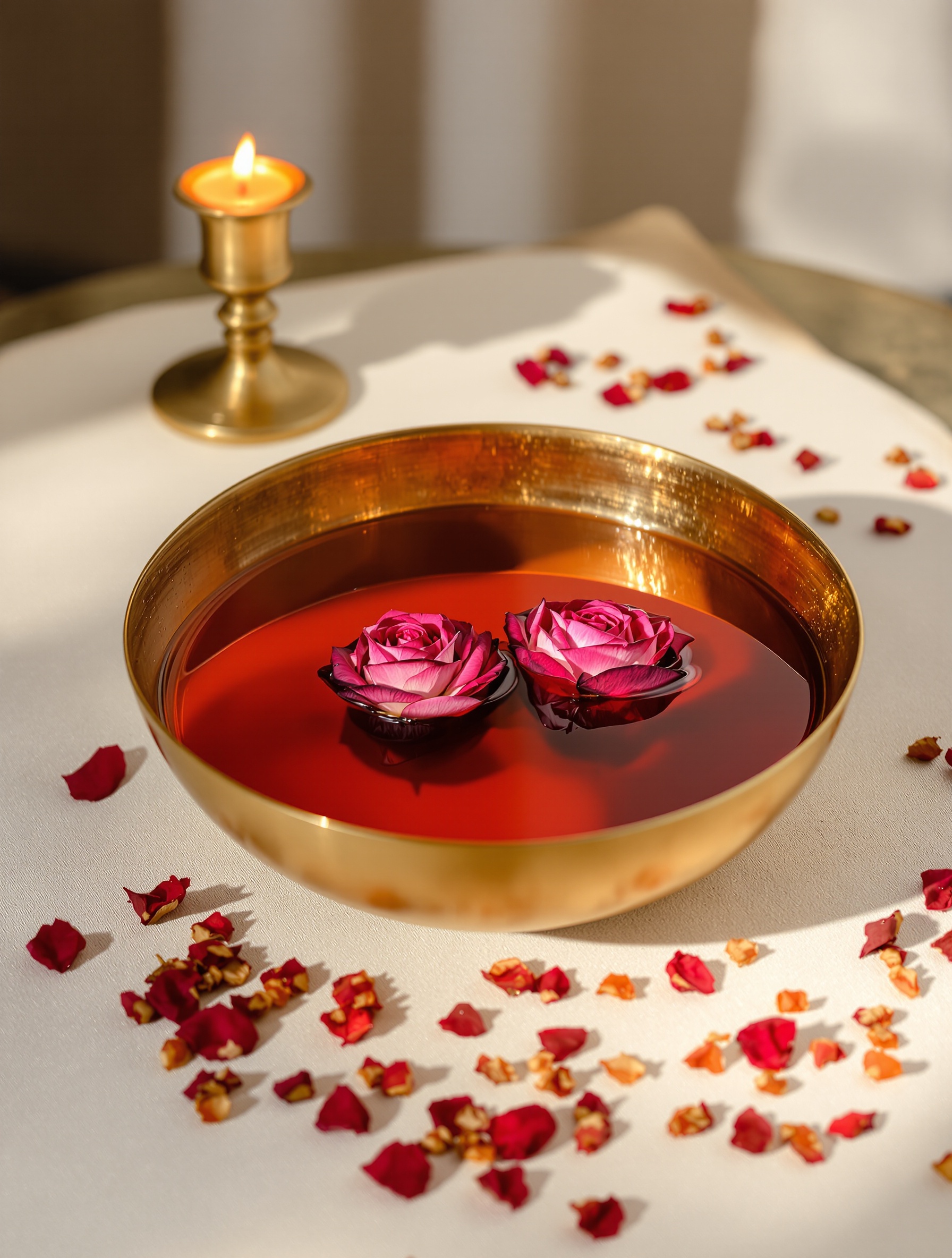 A brass bowl of amber rose water with floating crimson petals sits surrounded by scattered dried petals and resin beads on warm linen, lit by a single warm lamp.