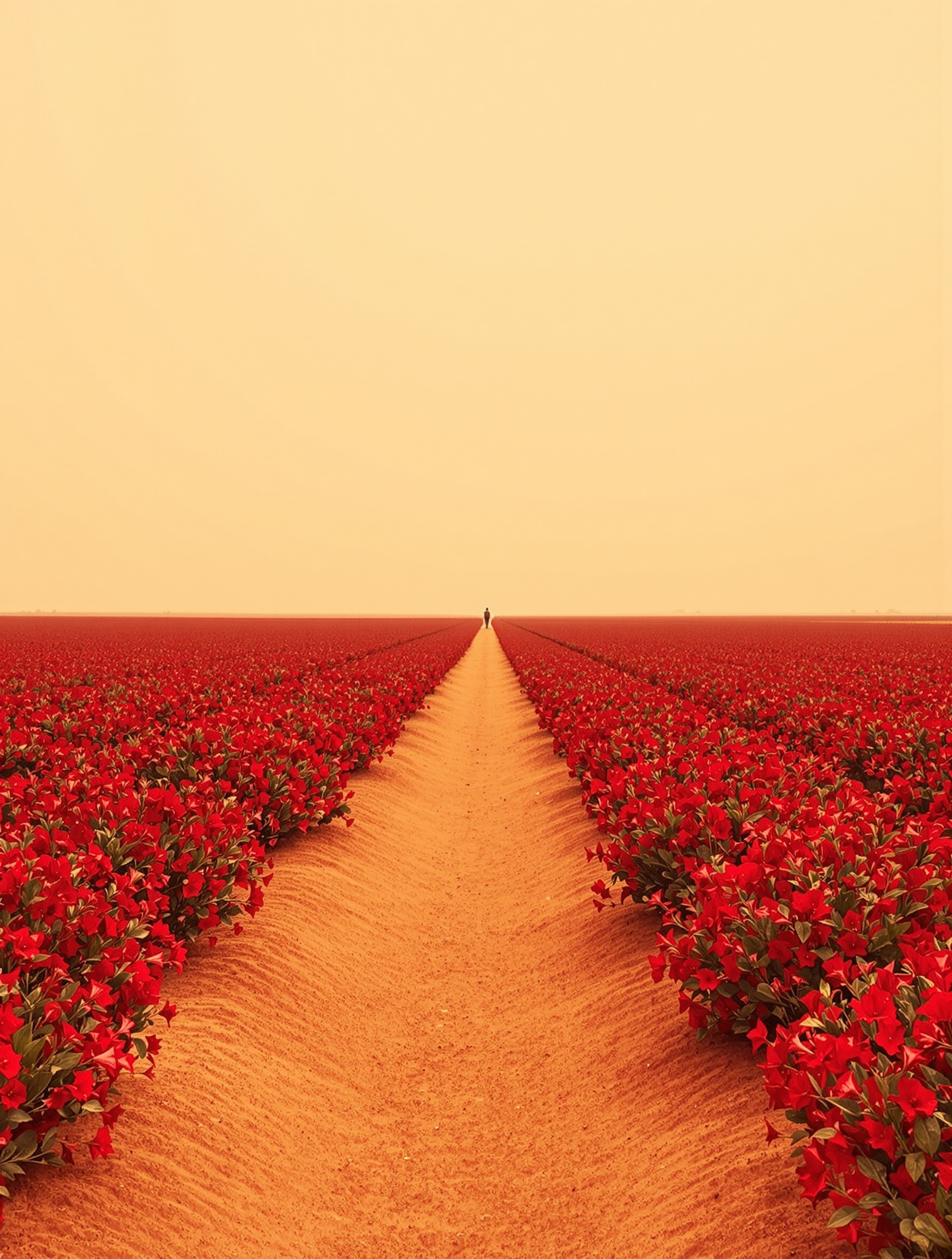 A field of blood-red hibiscus under a copper sky in the Nile delta, the botanical origin landscape of Hibiscus Mahajád.