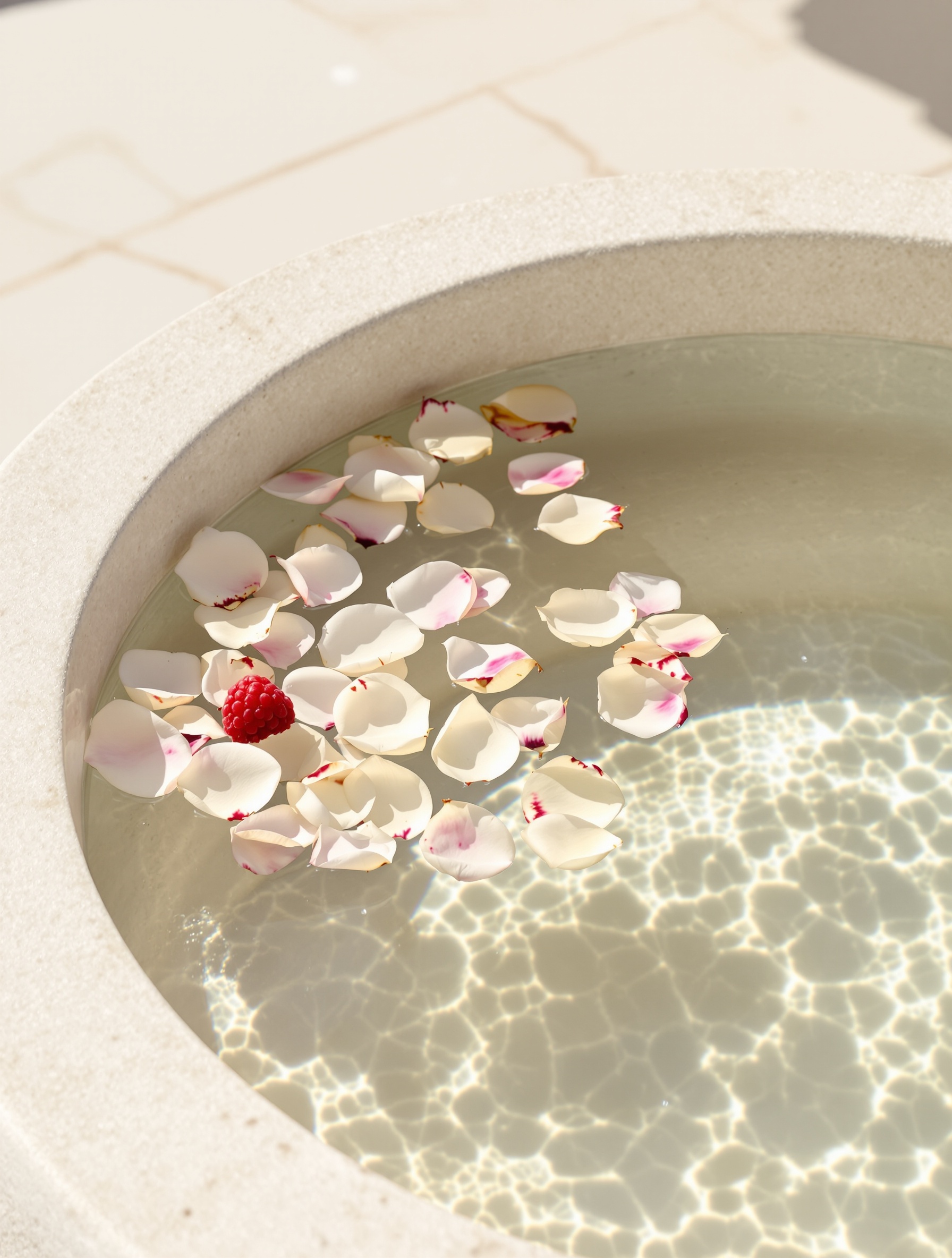 Rose petals floating in a shallow sunlit stone basin on a marble terrace, evoking Adonis Awakens by Argos.