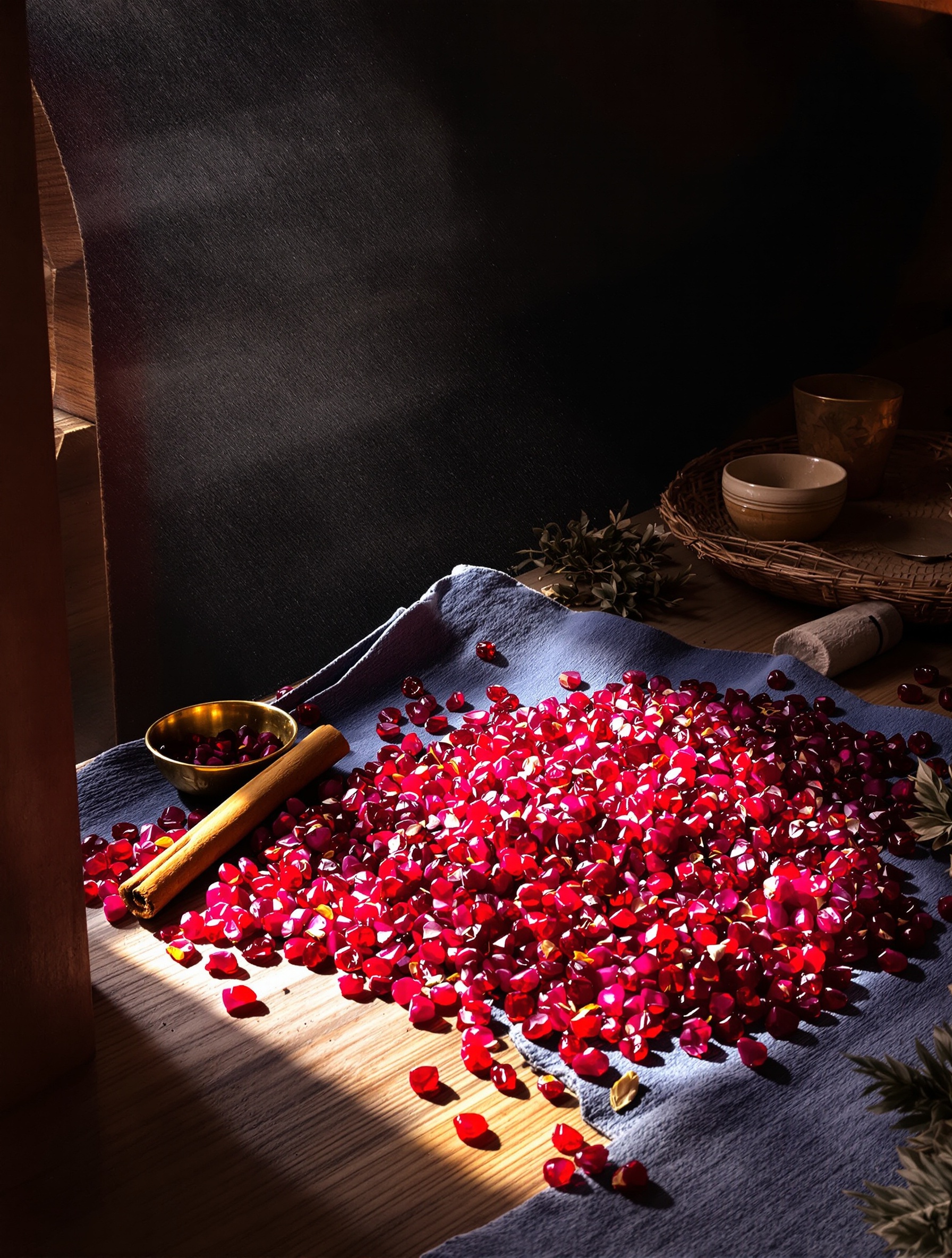 Uncut rubies and dried hibiscus petals scattered on indigo cloth inside a warm souk alcove, lit by a single shaft of late afternoon light.