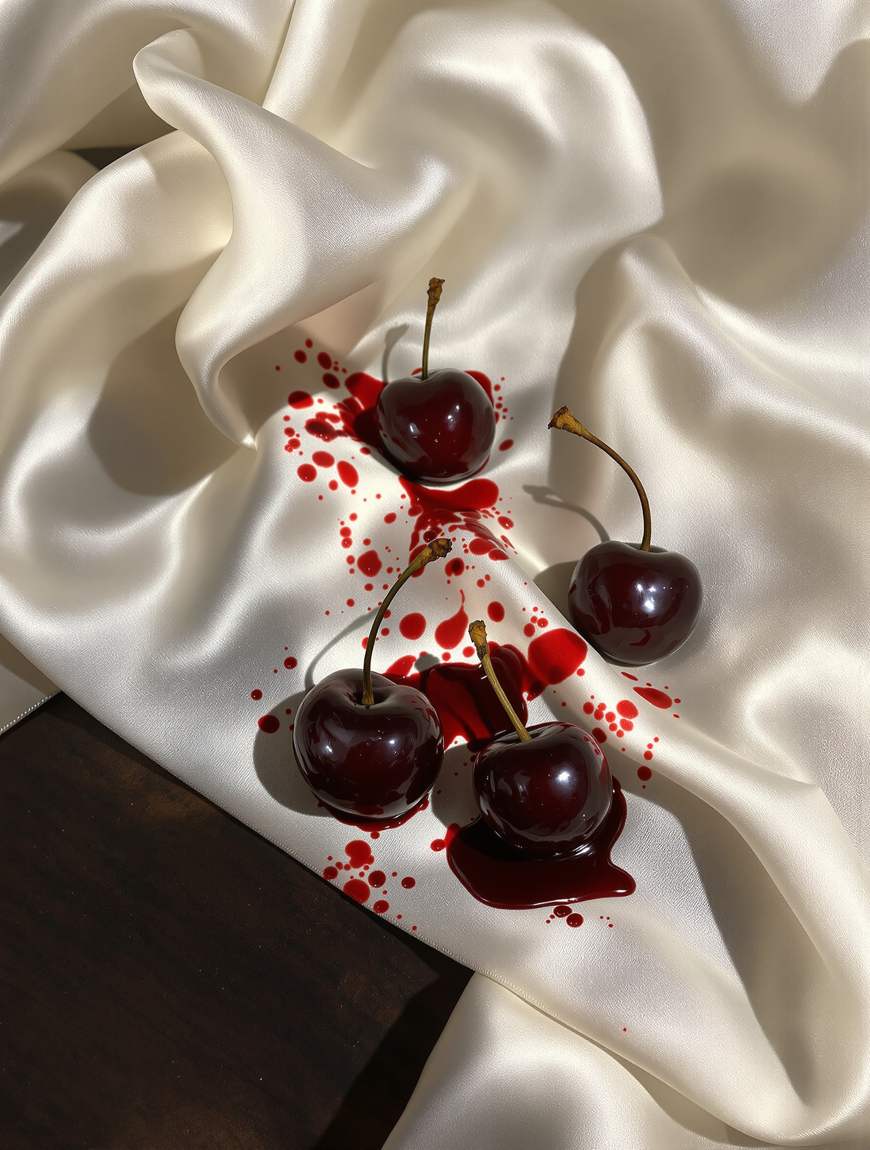 Carmina by Creed evoked as overripe split black cherries staining ivory satin charmeuse in warm candlelight.