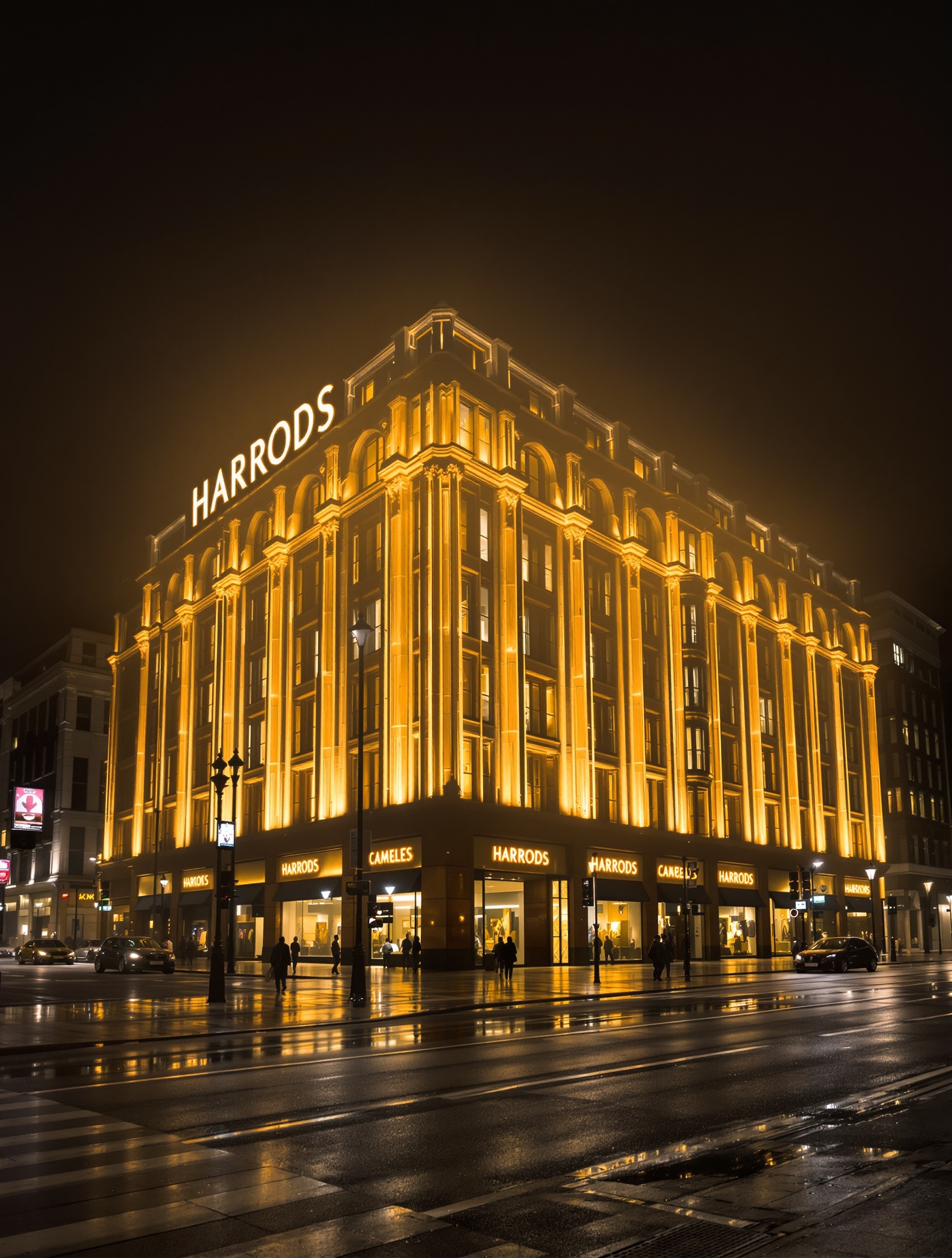 Brompton Immortals Extrait by Ex Nihilo, the Harrods facade glowing amber through November fog on a deserted Brompton Road at night.