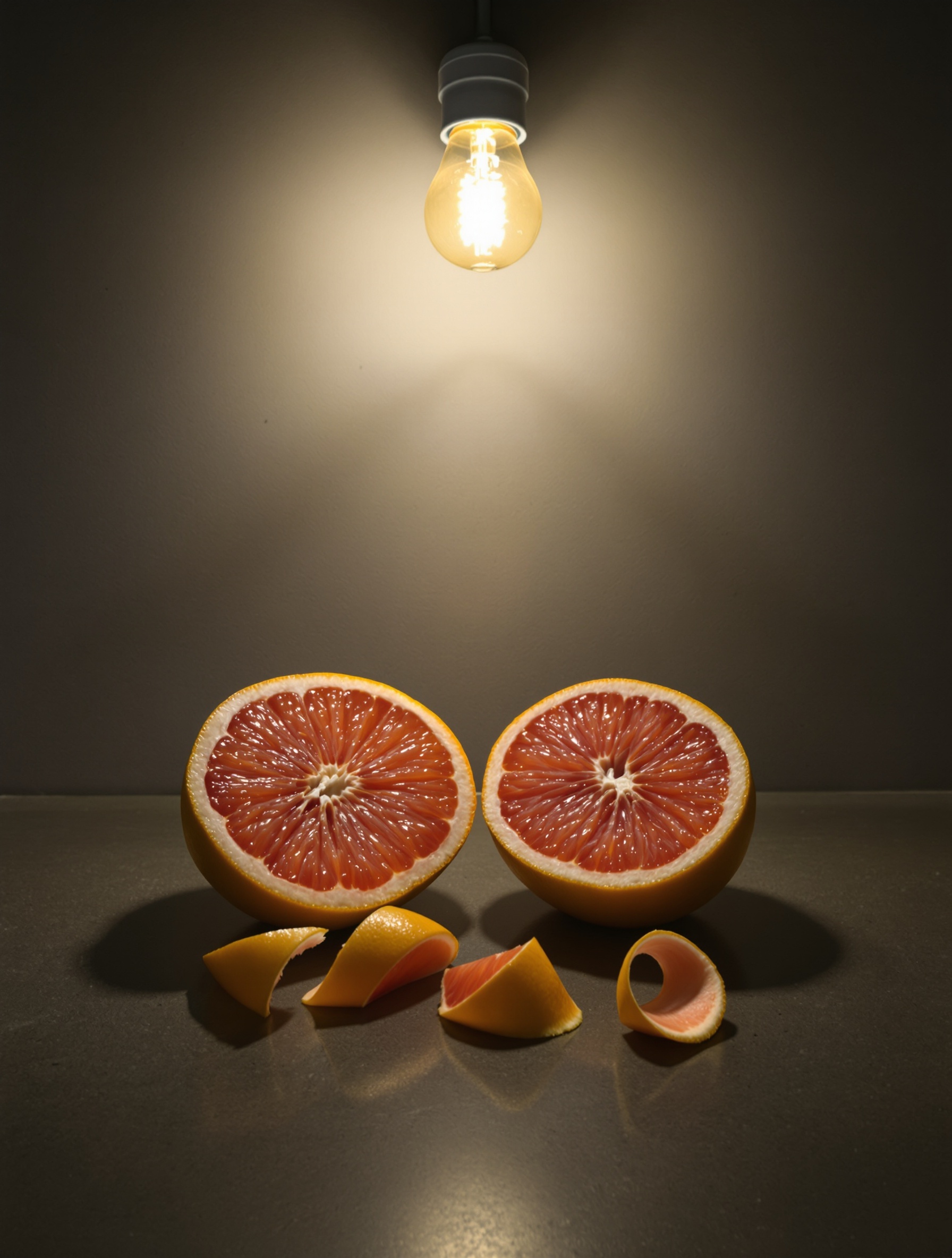Halved grapefruits on raw concrete under a single bare bulb in a dim room, evoking Risvelium's bitter initiatory opening note.
