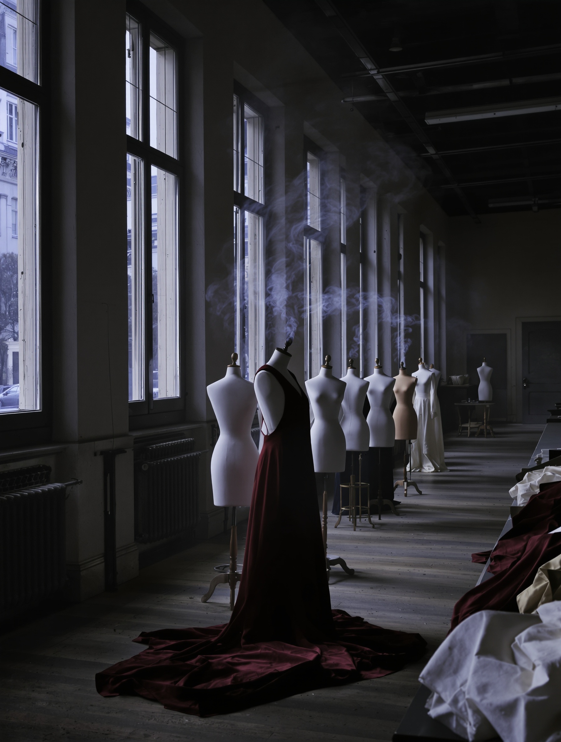 Carmina by Creed evoked as a shuttered Parisian couture atelier at dusk, dress forms standing in blue-grey half-light with a thread of incense smoke crossing the room.