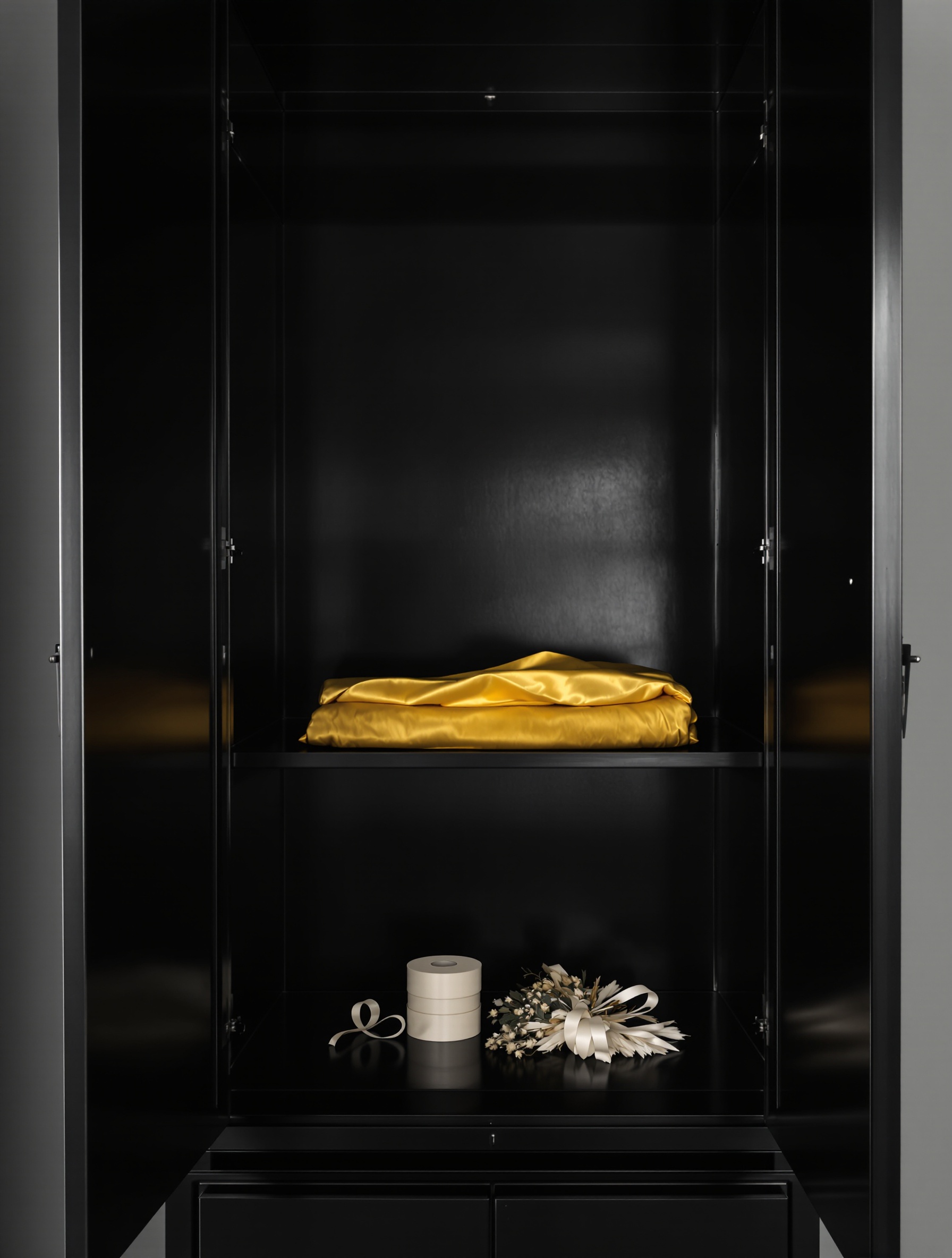 Carmina by Creed evoked as folded saffron-gold silk inside an open lacquered armoire, glowing warmly against a grey-lit room.