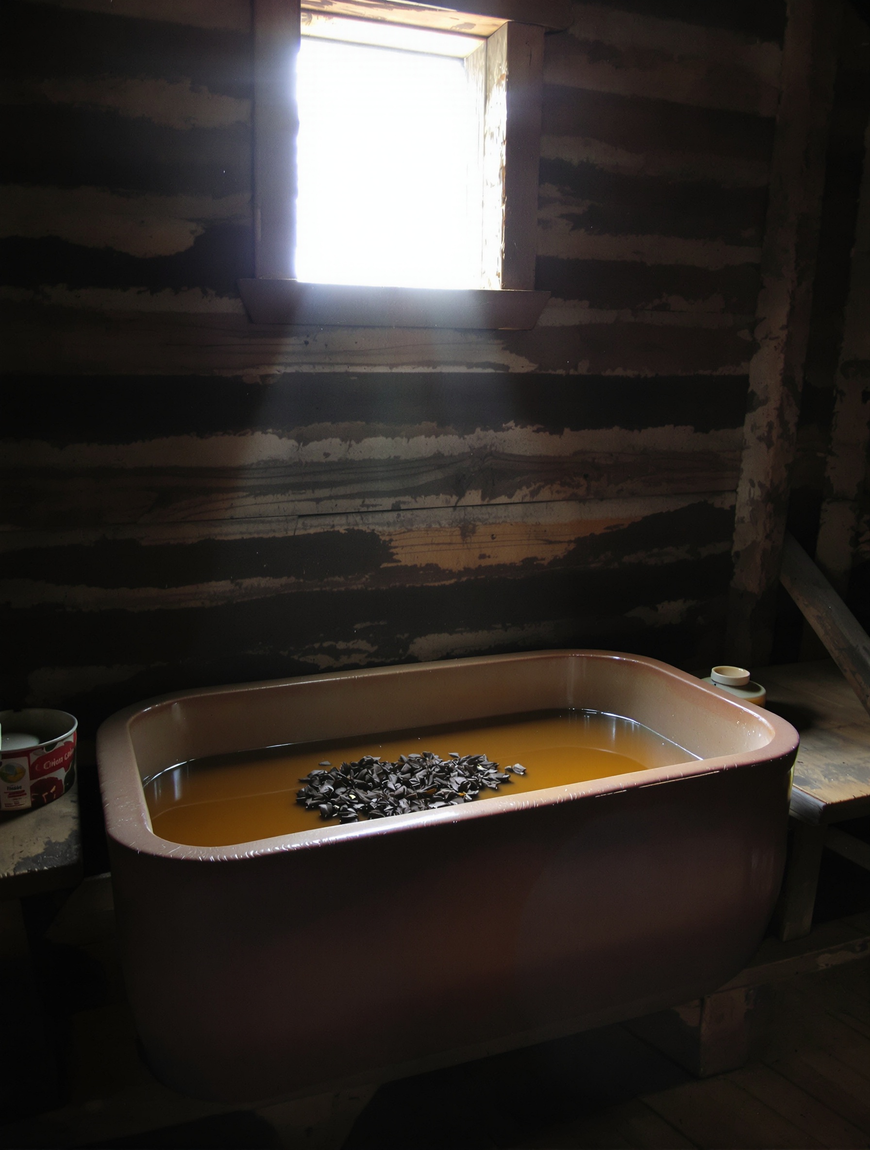 A wide clay trough of fermenting garnet cider rests on a barn bench beside dark tobacco leaves, lit by a single gap of cold diffused winter light.