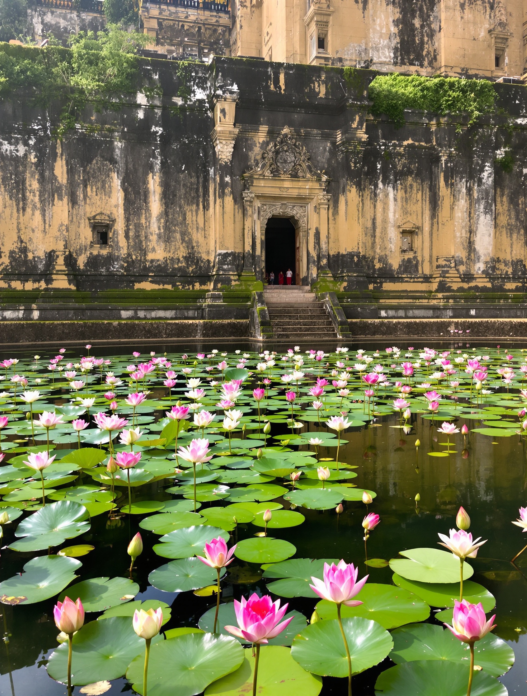 A still lotus-filled temple reservoir at dawn captures the serene devotional soul of Lost Lotus by Lost Tribe.