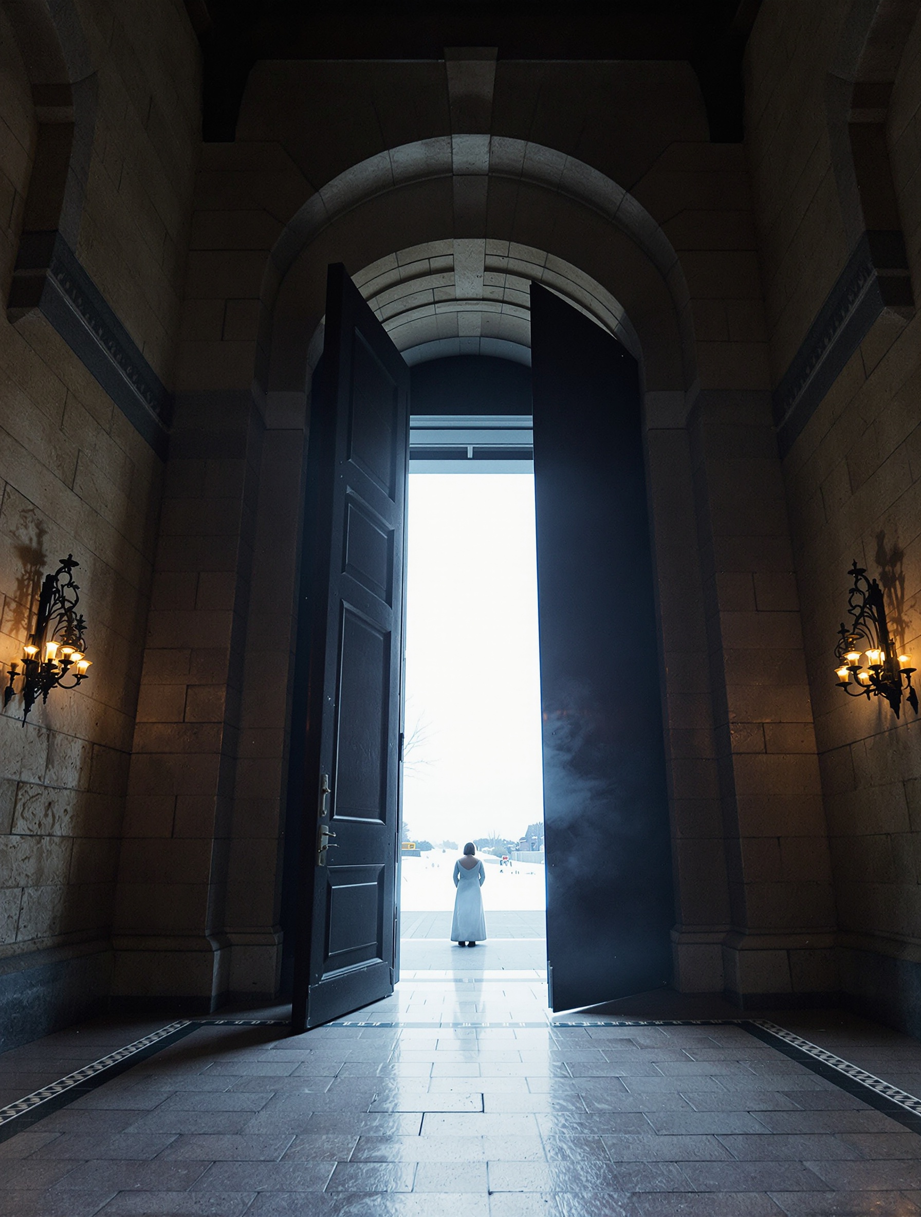 A cathedral vestibule photographed on film, warm candlelight against cold dusk framing a tiny distant solitary figure at the far open doors.