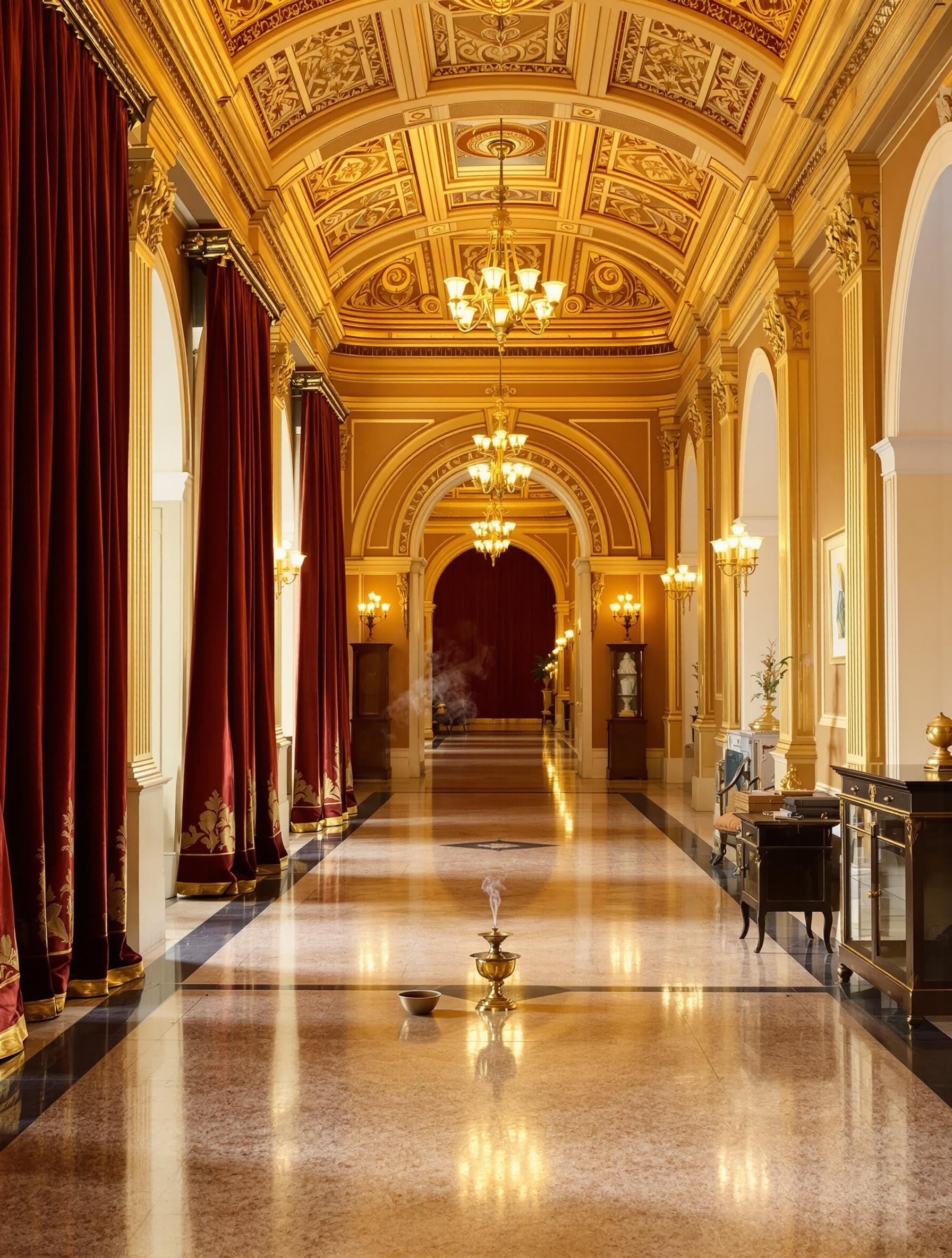 A still, dimly lit Edwardian gallery corridor where a small brass incense burner exhales a faint wisp of smoke into warm amber sconce light beneath a gilded vaulted ceiling.